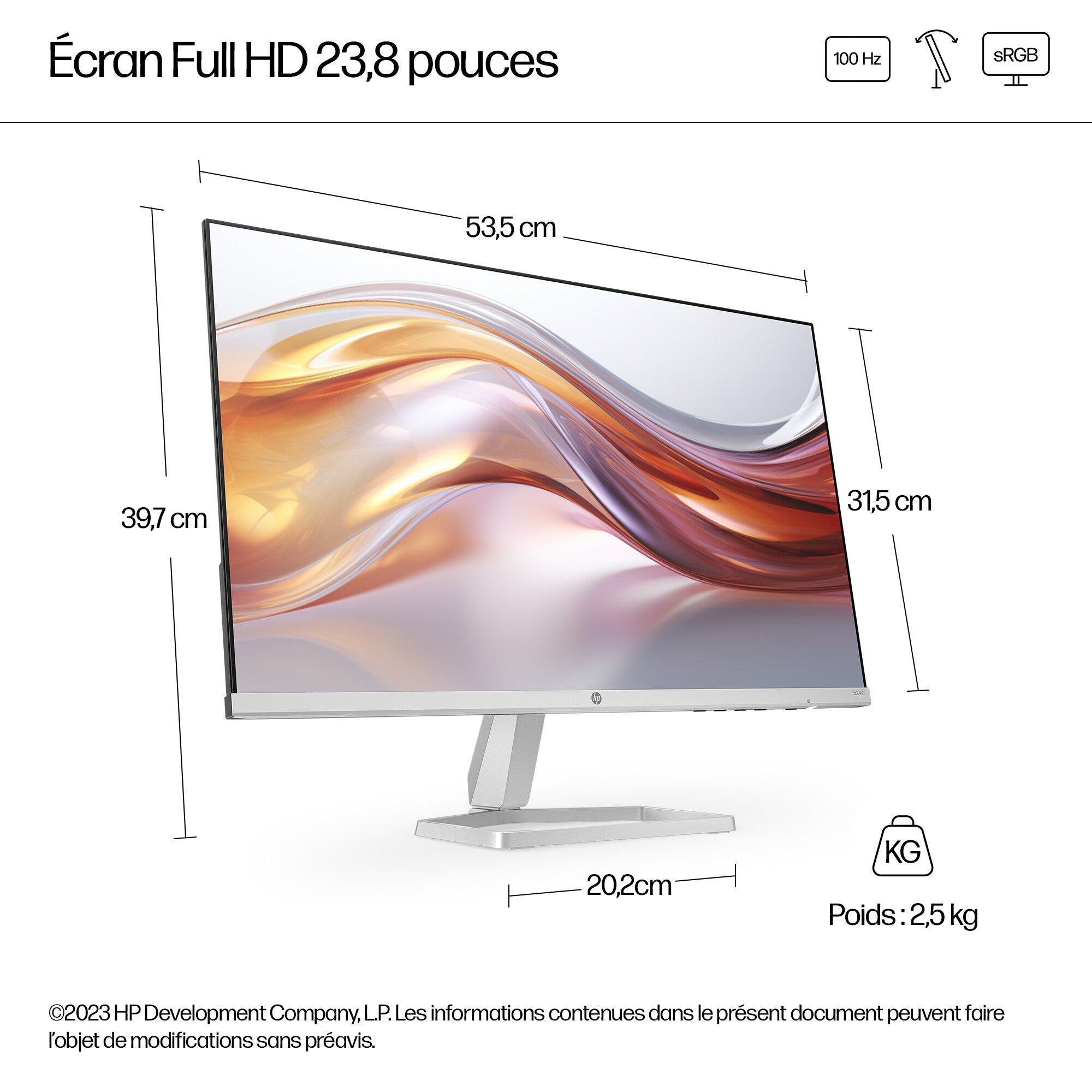 "HP Series 5 23.8 inch FHD Monitor - 524sf écran plat de PC 60,5 cm (23.8"") 1920 x 1080 pixels LCD Argent"