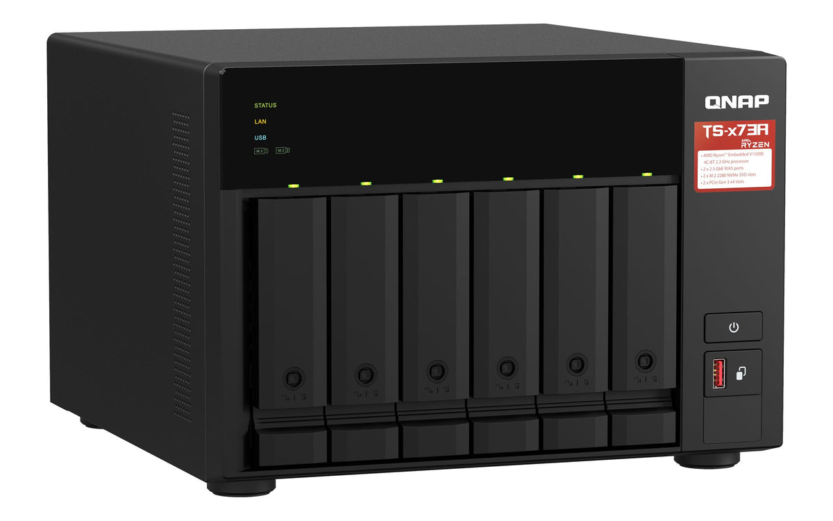 QNAP 6-bay NAS AMD Ryzen Embedded V1500B 2.2GHz 8Go 6xSATA 6Gb/s bays 2xM.2 NVMe PCIe Gen3 SSD slots 2x2.5GbE LAN optional 10GbE