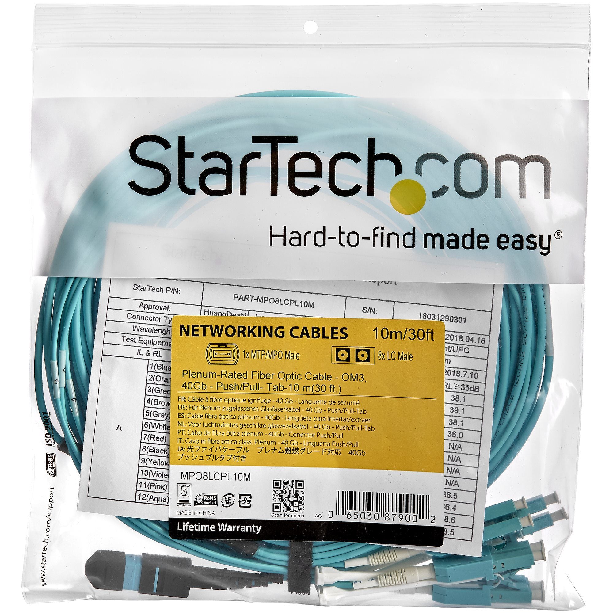 10m MTP/MPO to 4xLC/PC Fiber Cable