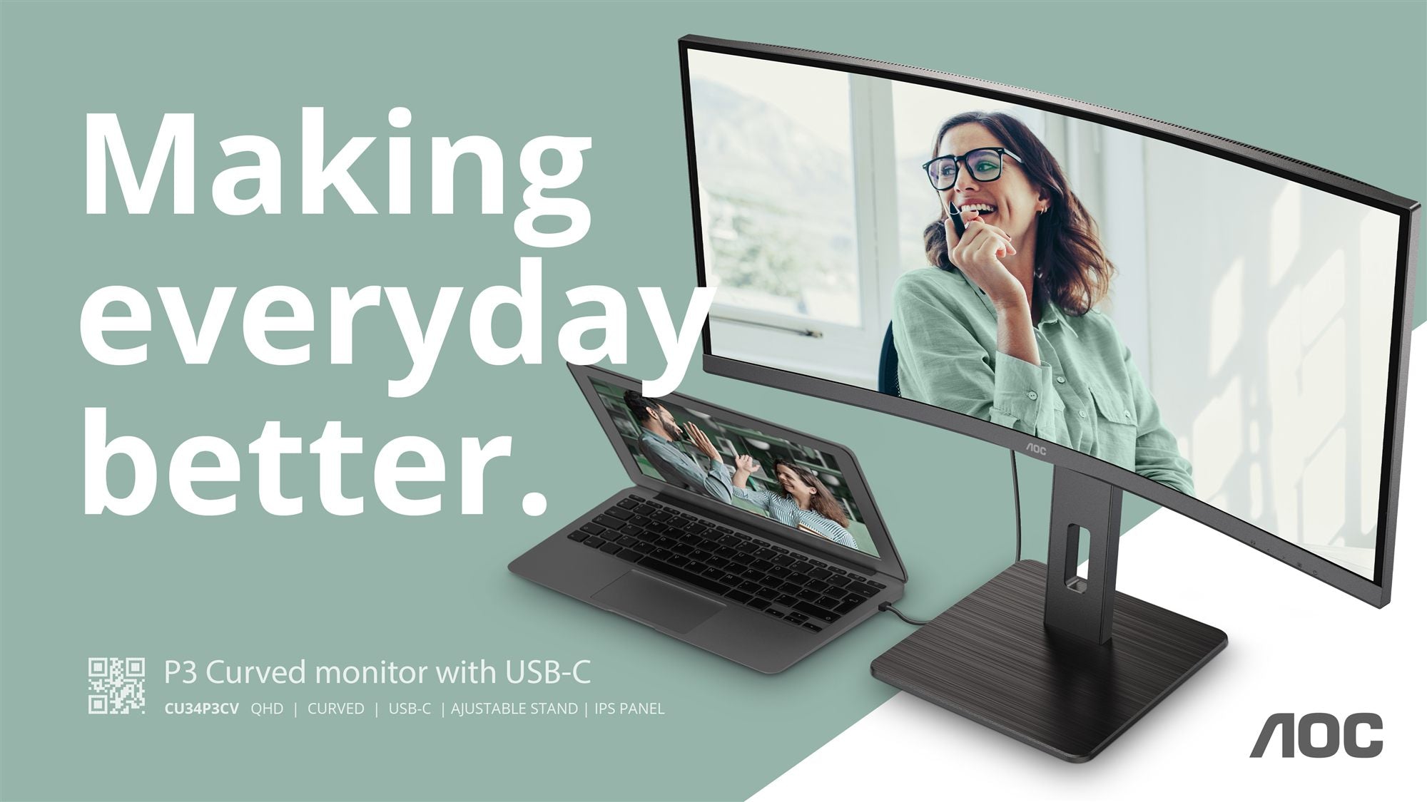AOC CU34P3CV écran incurvé- 34" - 3440 x 1440 UWQHD @ 100 Hz - VA - 300 cd/m² - 3000:1 - 4ms - HDMI, DP, USB-C - HAS - Haut parleurs