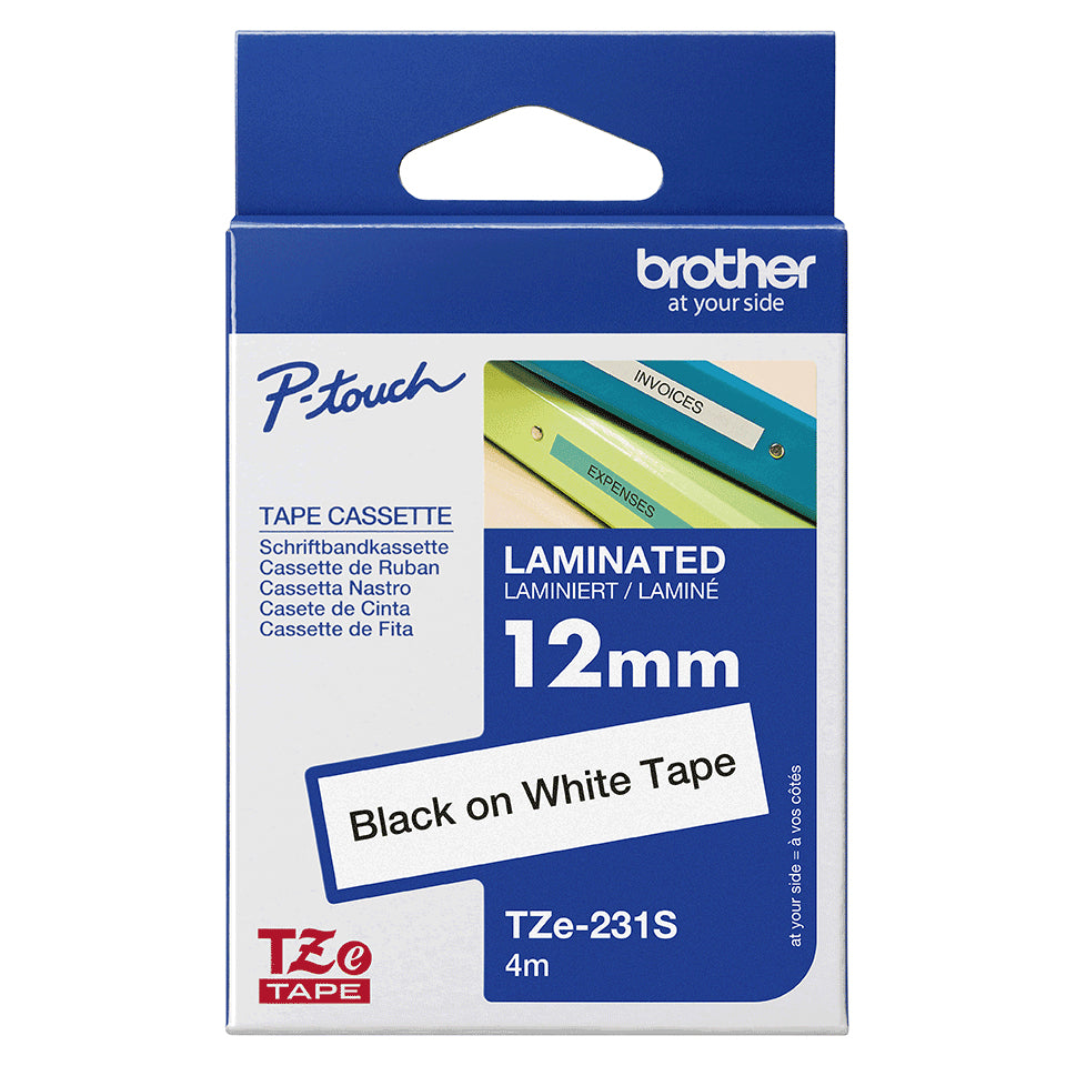 TZE231S 12mm Black on White Tape 4m
