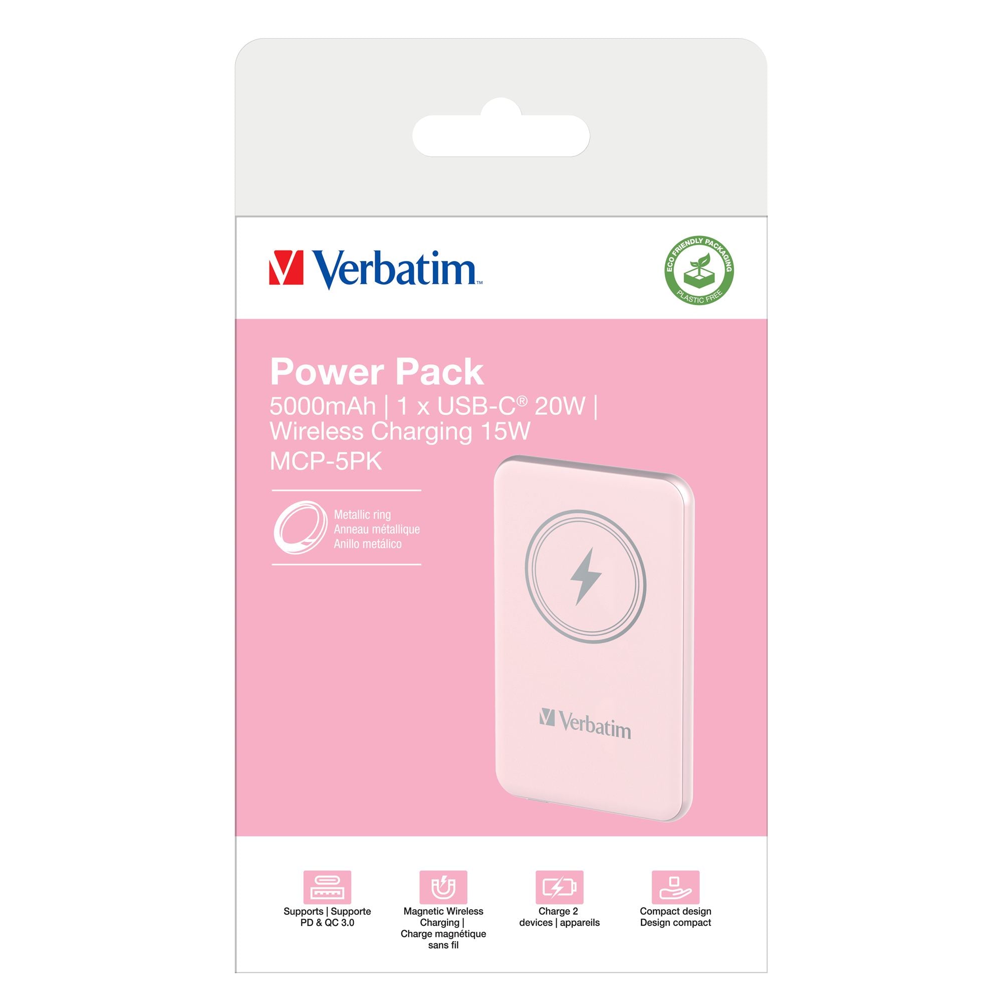 VERBATIM CHARGE N GO MAGNETIC WIRELESS POWER BANK 5000 PINK WCF (P)