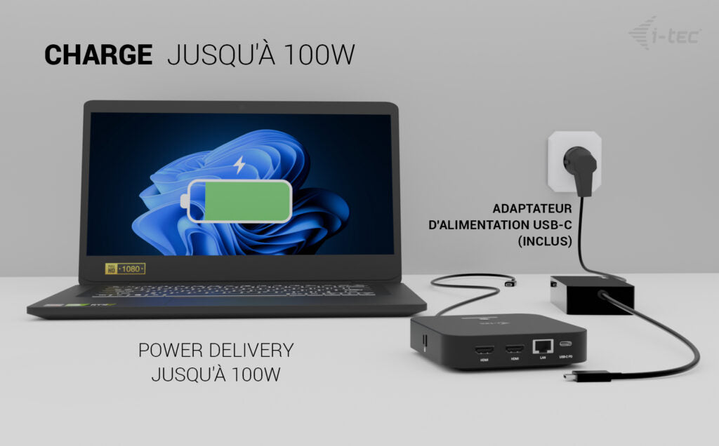 I-TEC USB-C Dual HDMI DS 2xHDMI 1xGLAN 2xUSB-A 3.2 2xUSB 2.0 1xUSB-C Gen2 1xUSB-C Gen1 1xAudio/Mic Jack 1x100W USB-C PD+Charger 100W