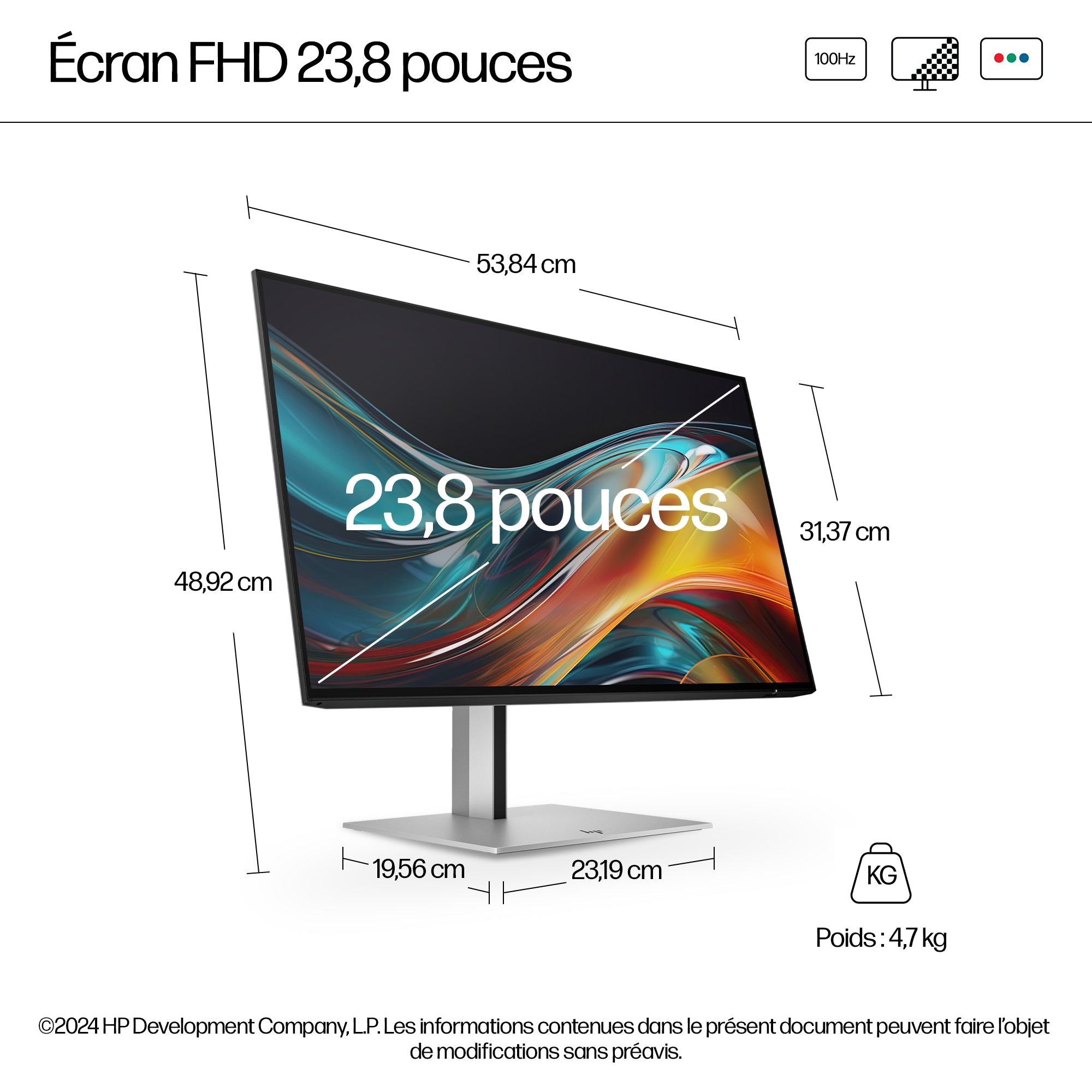 HP Écran FHD HP Série 7 Pro 724pf 23.8p FHD 1920x1080 HDMI USB hub DisplayPort 3/3/0