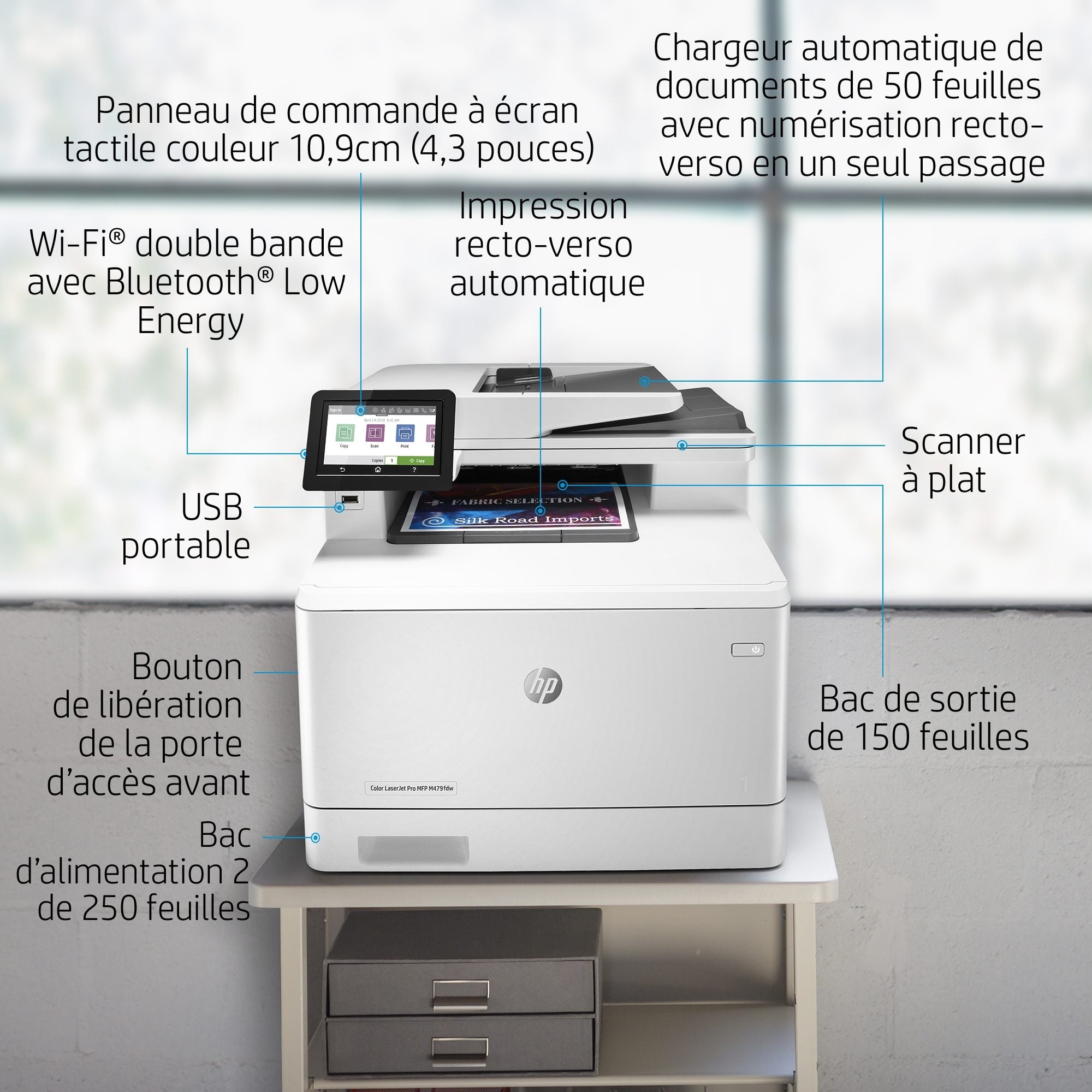 HP Color LaserJet Pro Imprimante multifonction M479dw, Impression, copie, numérisation, e-mail, Impression recto-verso  Numérisation vers e-mail/PDF  Chargeur a