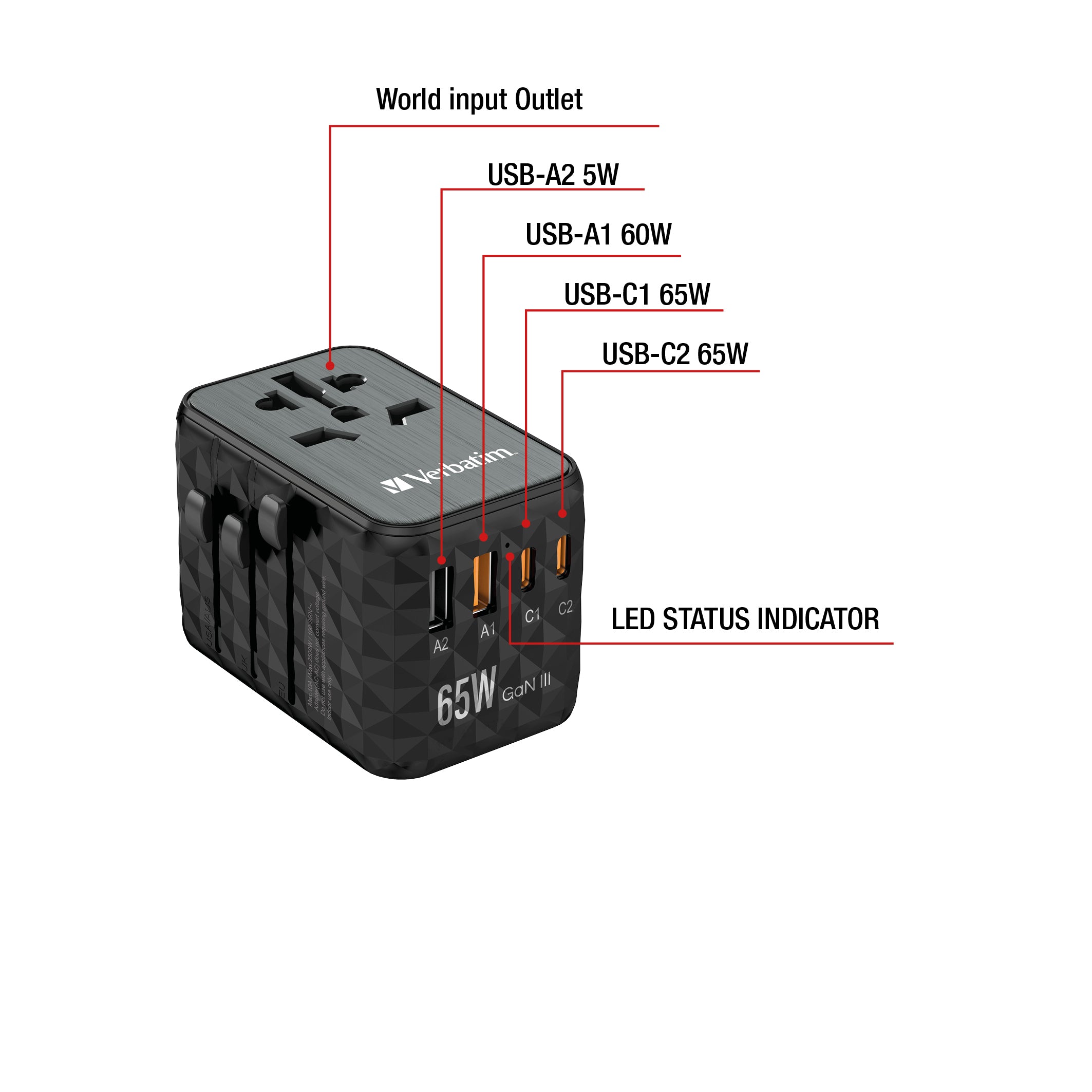 VERBATIM GAN III UNIVERSAL TRAVEL ADAPTER UTA-05 WITH 2 X USB-C PD 65W & QC 4+ / 2 X USB-A WCF (P)