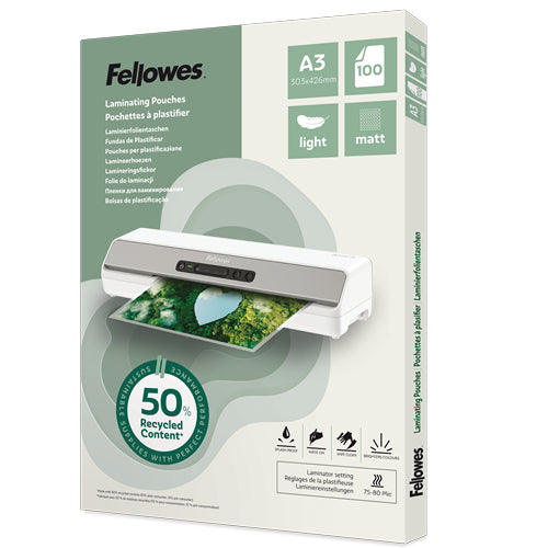 FELLOWES Pochettes de plastification A3 avec 50 pourcentage de contenu recyclé - usage léger mate lot de 100