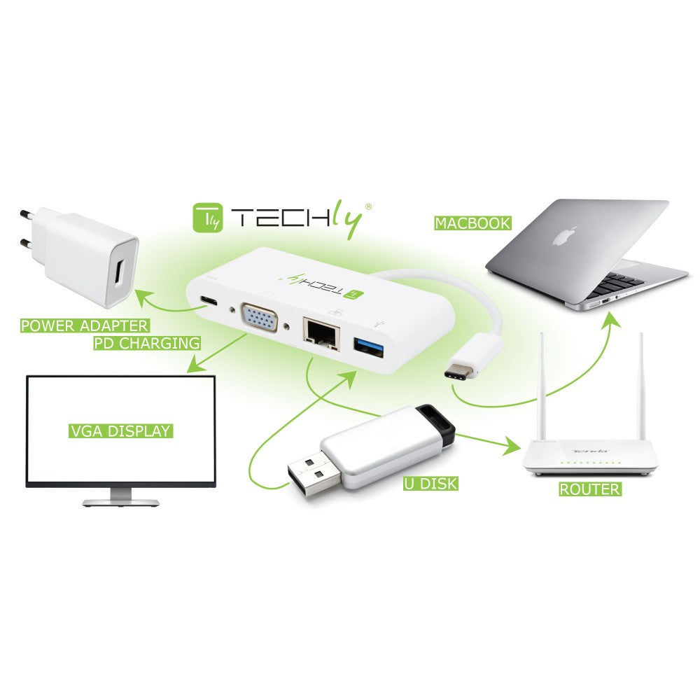 Techly IADAP USB31-DOCK2 Adaptateur USB-C vers USB-A 3.0, USB-C PD, VGA, RJ45 Gigabit
