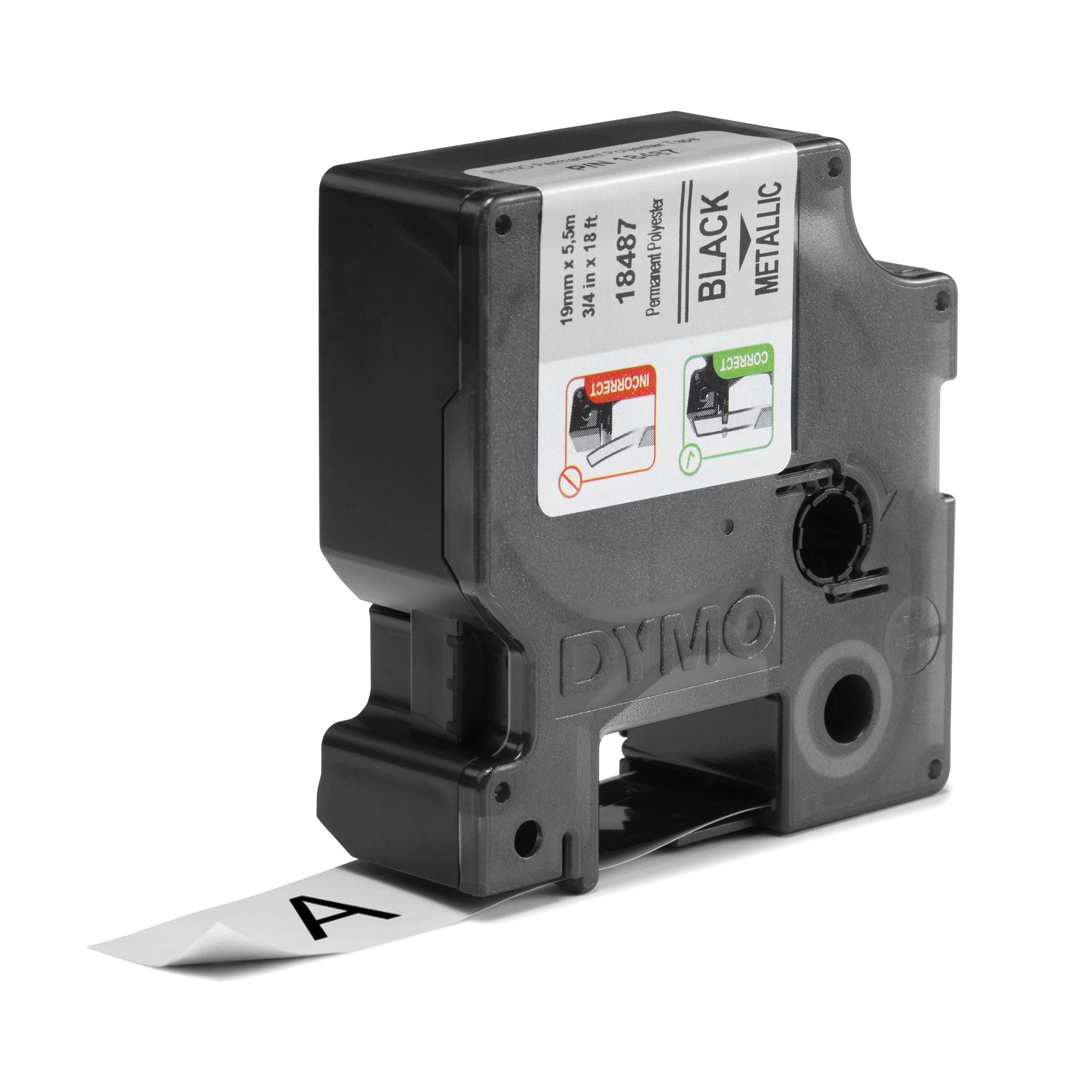 DYMO Rhino Etiquette indus Polyester permanent 19mm x 5,5m noir/métallique