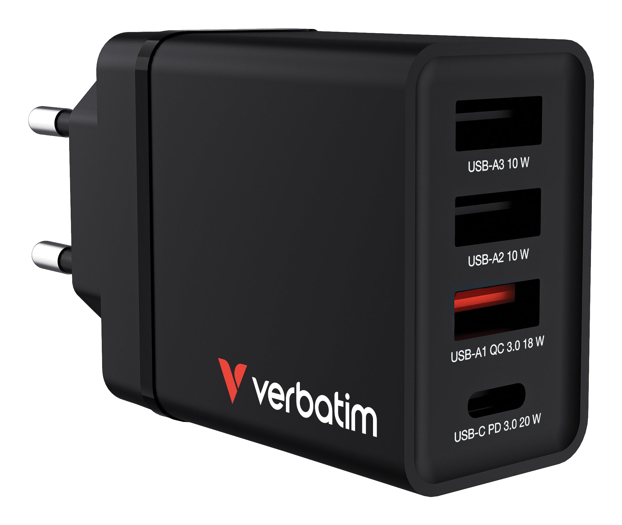 VERBATIM CHR-30EU1 USB CHARGER 30W WITH 1 X USB-C PD 20W / 1 X USB-A QC 3.0 / 2 X USB-A 10W BLACK EU WCF (P)