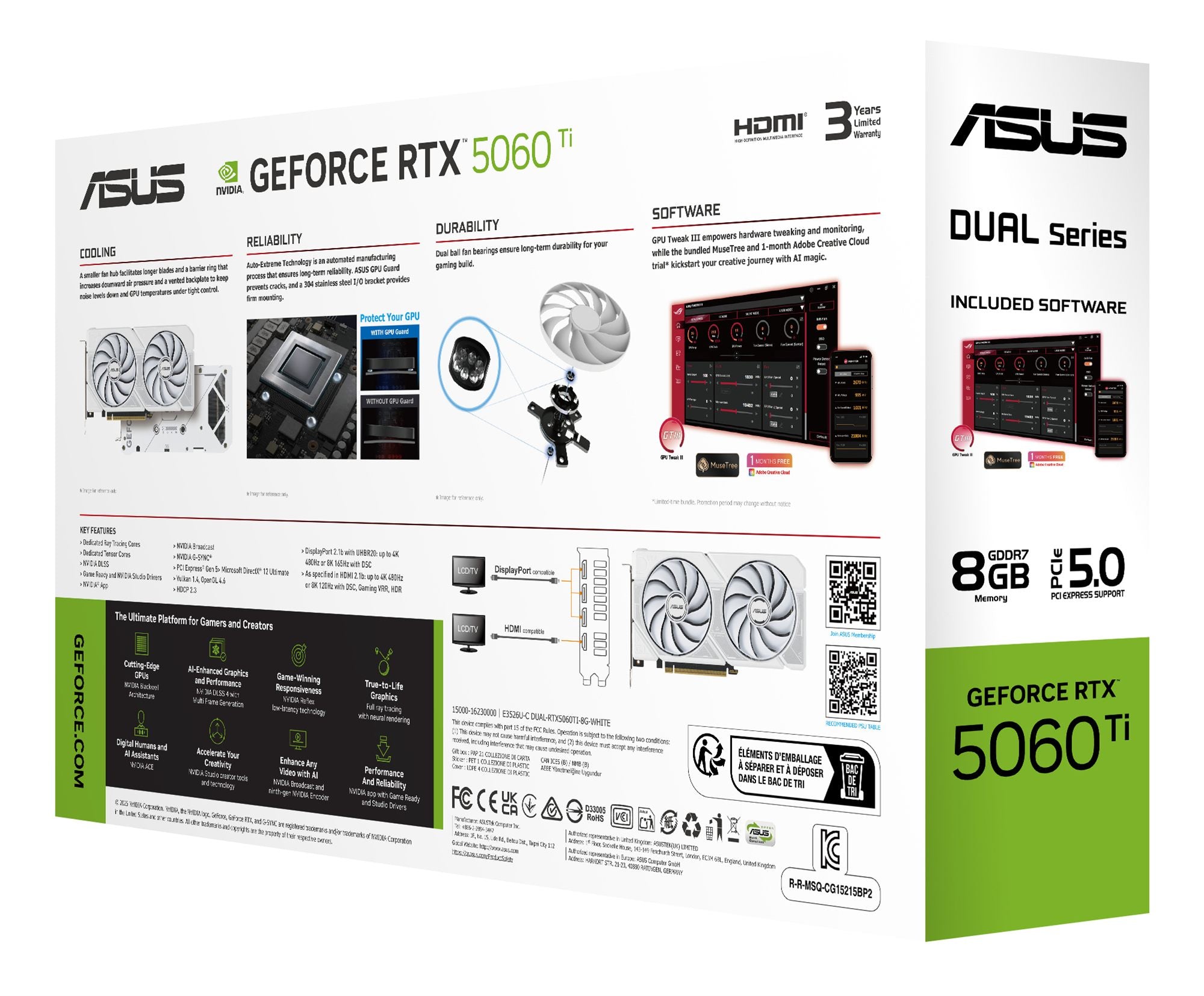 ASUS Dual GeForce RTX 5060 Ti 8Go GDDR7 White OC Edition PCIe 5.0 DLSS 4 HDMI 2.1b DisplayPort 2.1b