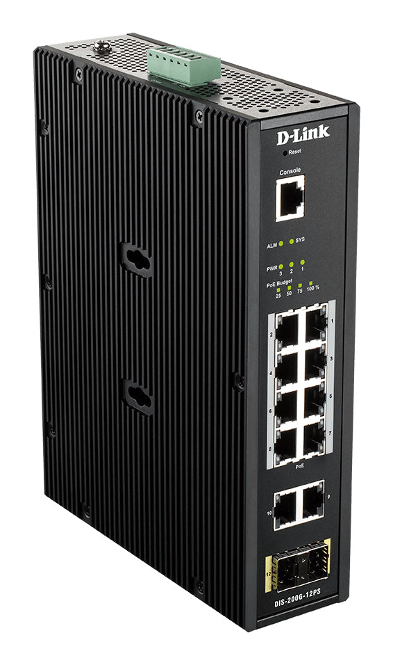 D-LINK 12 Port L2 Industrial Smart Managed Switch with 10 x 1GBaseTX ports 8 PoE 240W and 2 x SFP ports