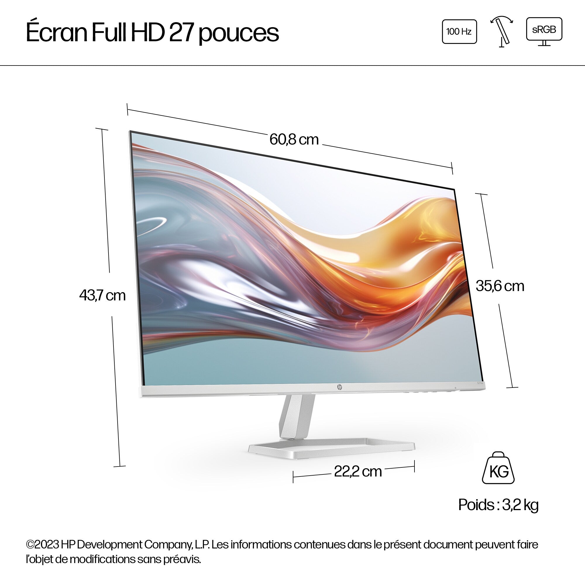 "HP Series 5 27 inch FHD White Monitor - 527sw écran plat de PC 68,6 cm (27"") 1920 x 1080 pixels LCD"