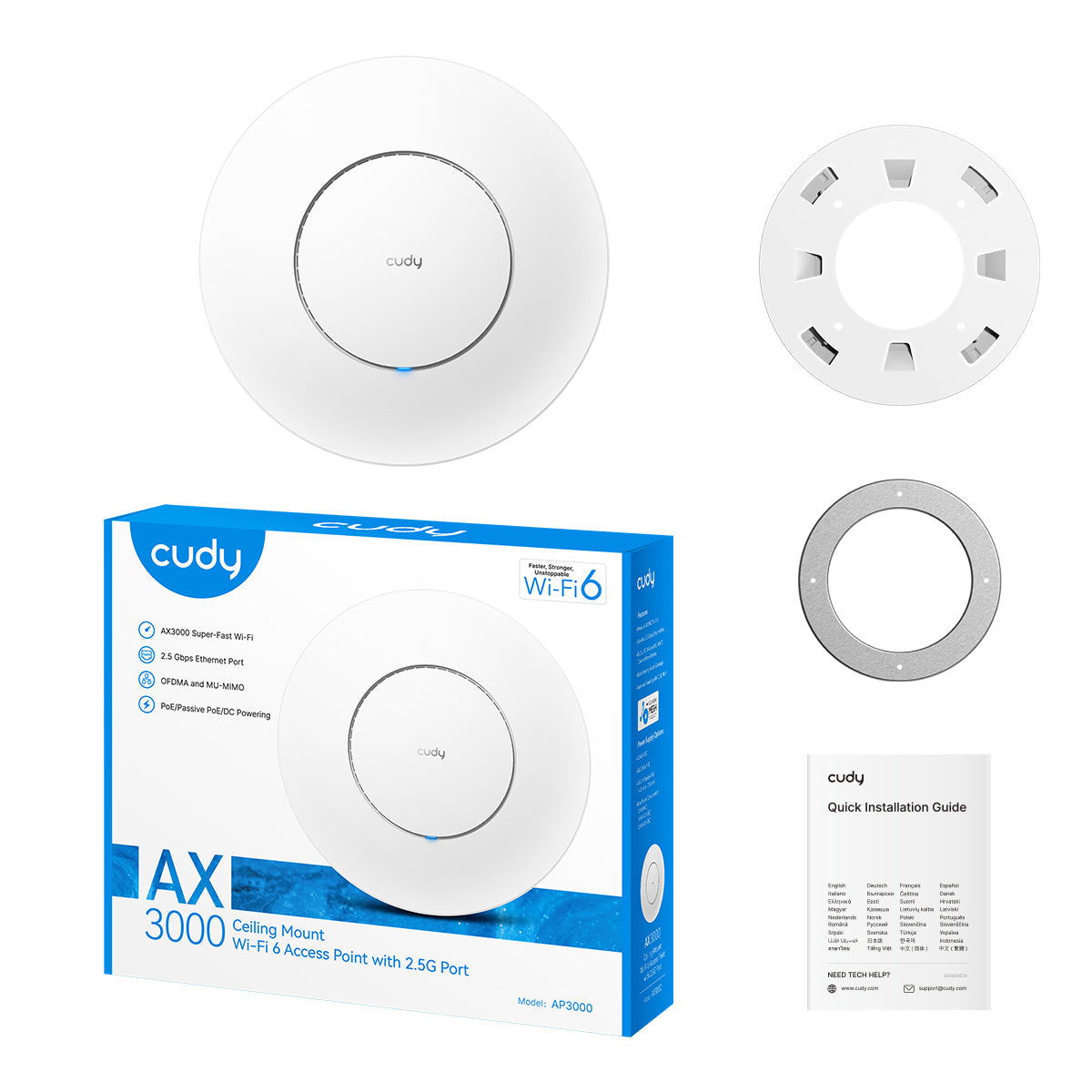 Cudy AP3000 point d'acces réseaux locaux sans fil 2976 Mbit/s Blanc Connexion Ethernet, supportant l'alimentation via ce port (PoE)