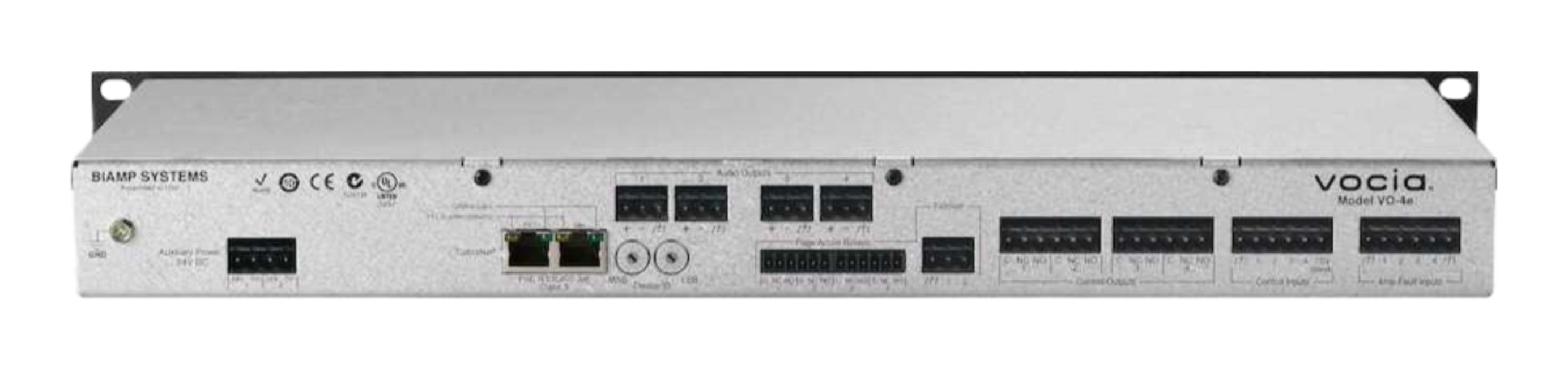 Biamp Vocia networked audio output expansion device with 4 line-level output channels. Enhanced to support Vocia ELD-1 & ANC-1. Emergency Message storage.