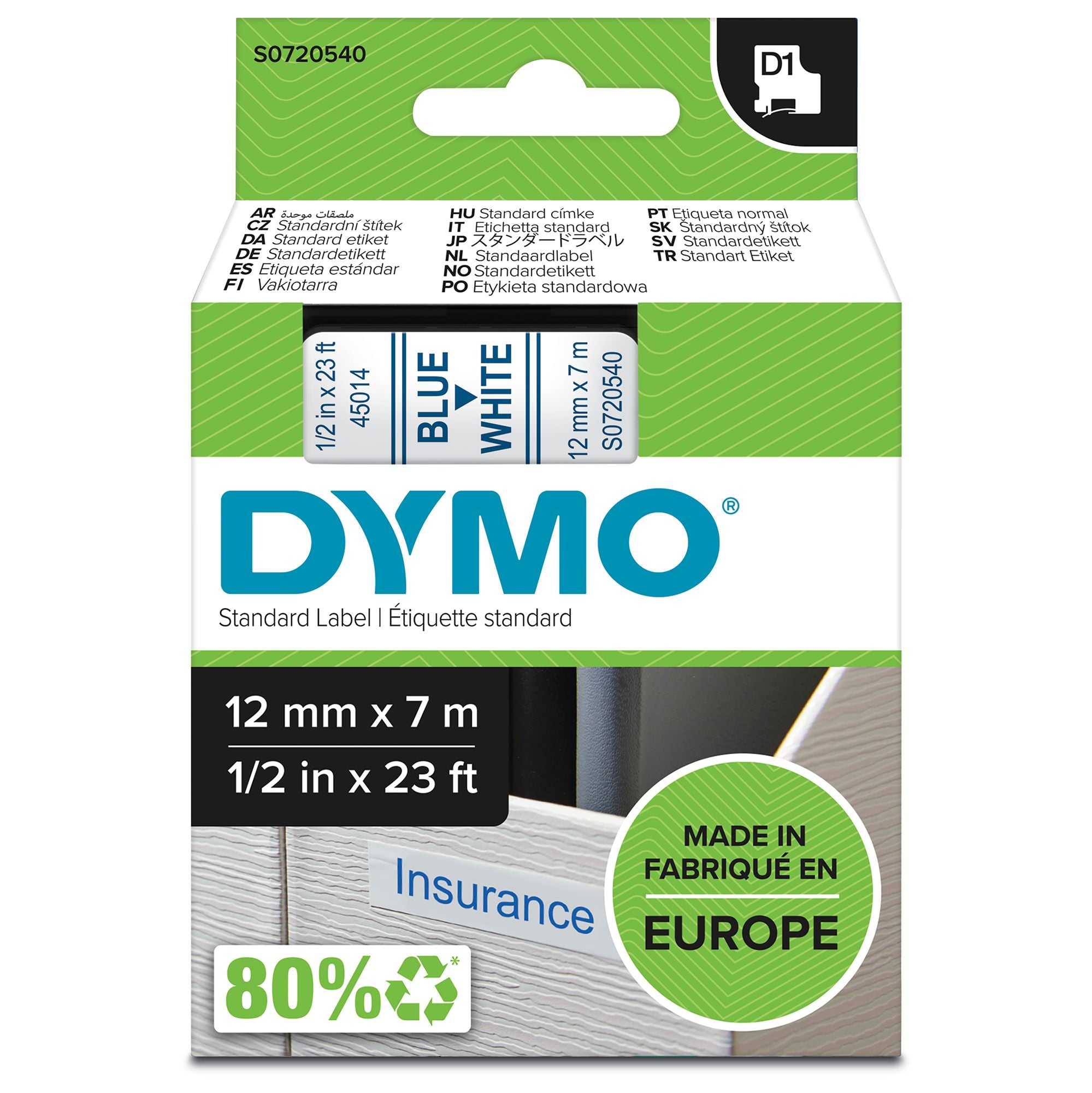 DYMO Ruban D1 - 12 mm bleu sur blanc