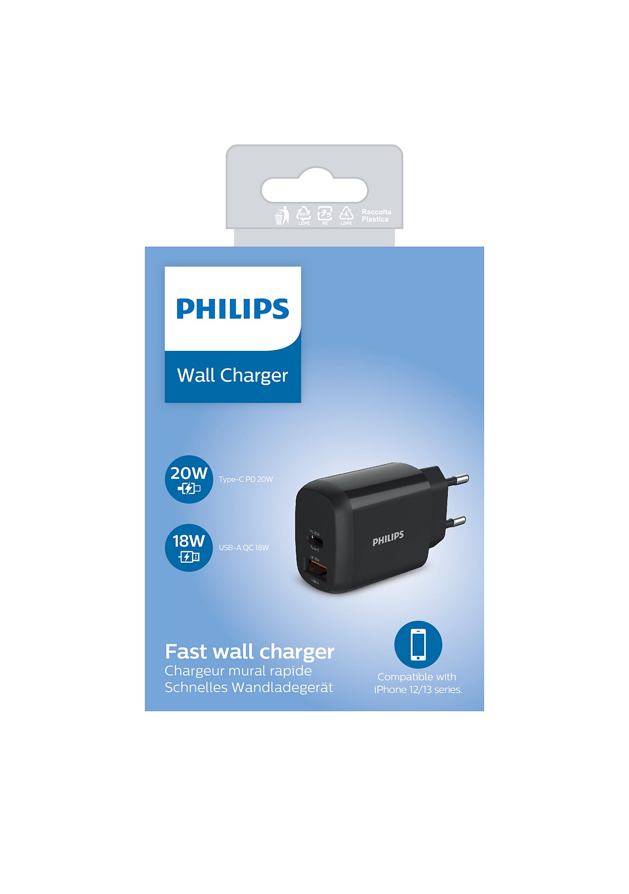 PHILIPS Chargeur secteur 18W 1 port USB Type C et 1 USB-A