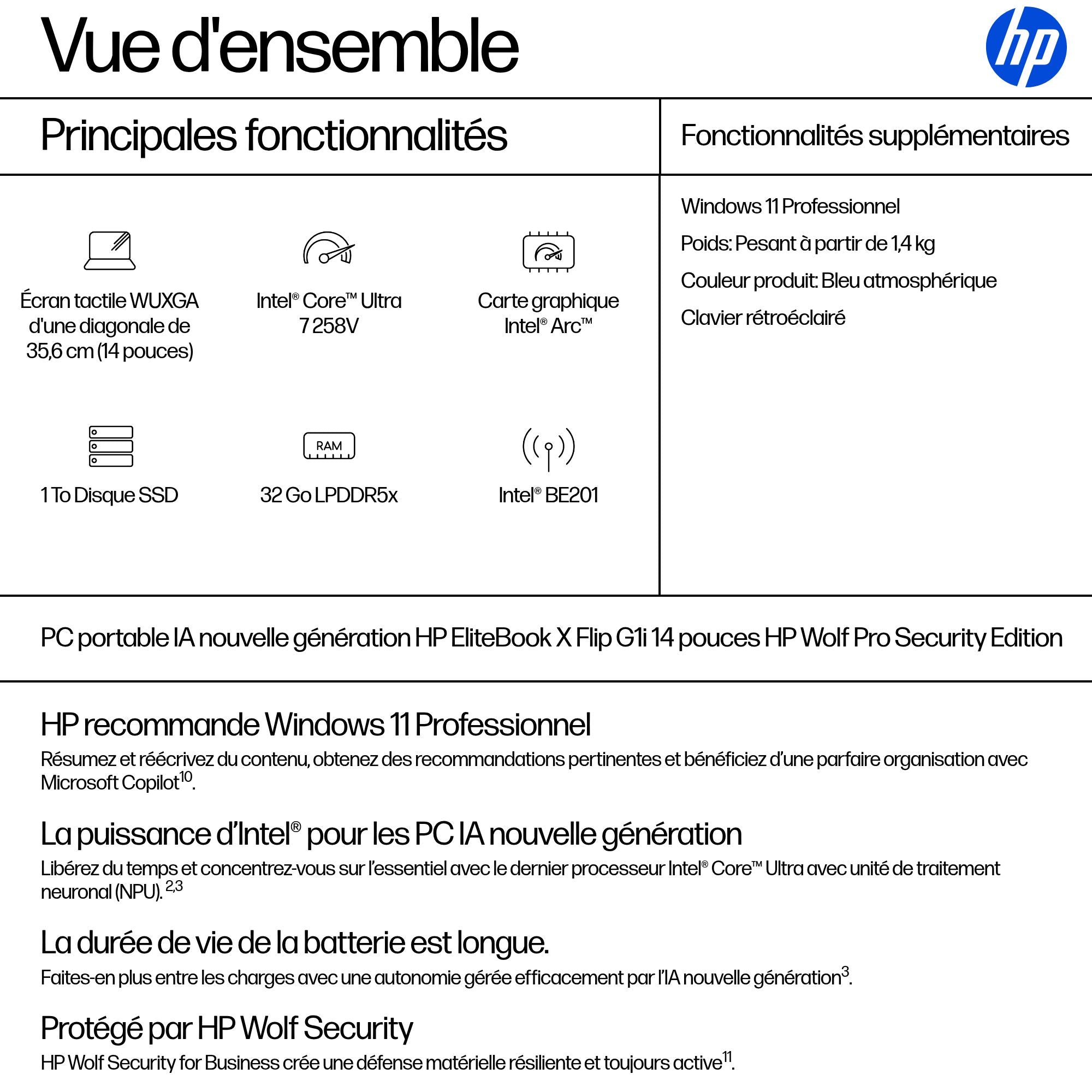 HP EliteBook X Flip IA Nouvelle génération Intel Core Ultra 7 258V 14p WUXGA 32Go 1To SSD UMA W11P Copilot + PC 3/3/0