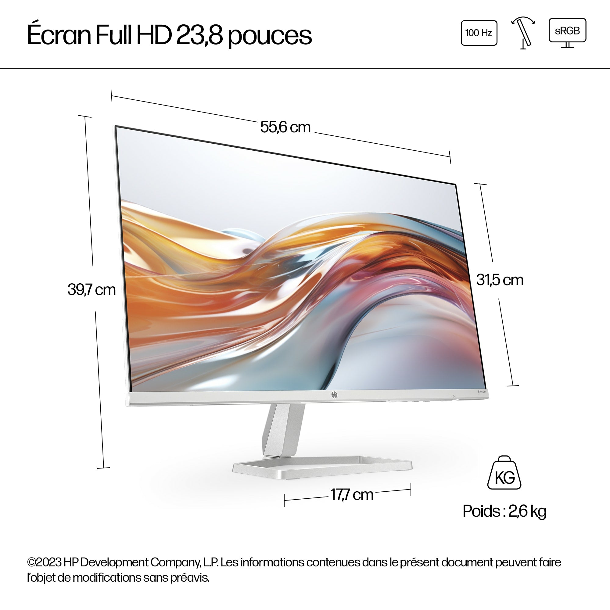 "HP Series 5 23.8 inch FHD White Monitor - 524sw écran plat de PC 60,5 cm (23.8"") 1920 x 1080 pixels LCD Argent"