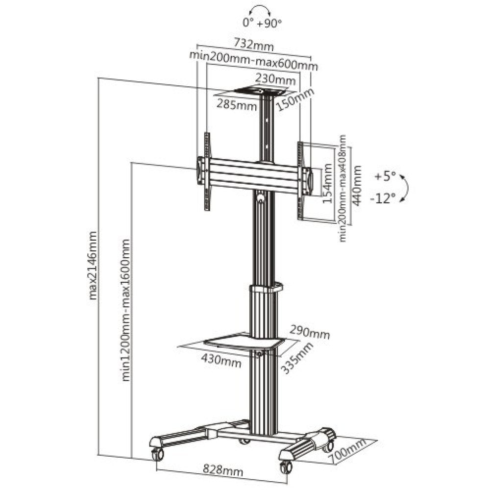 "Techly ICA-TR15 Support TV mobile 37-70"" jusqu'a 50kg réglable 2 étageres"