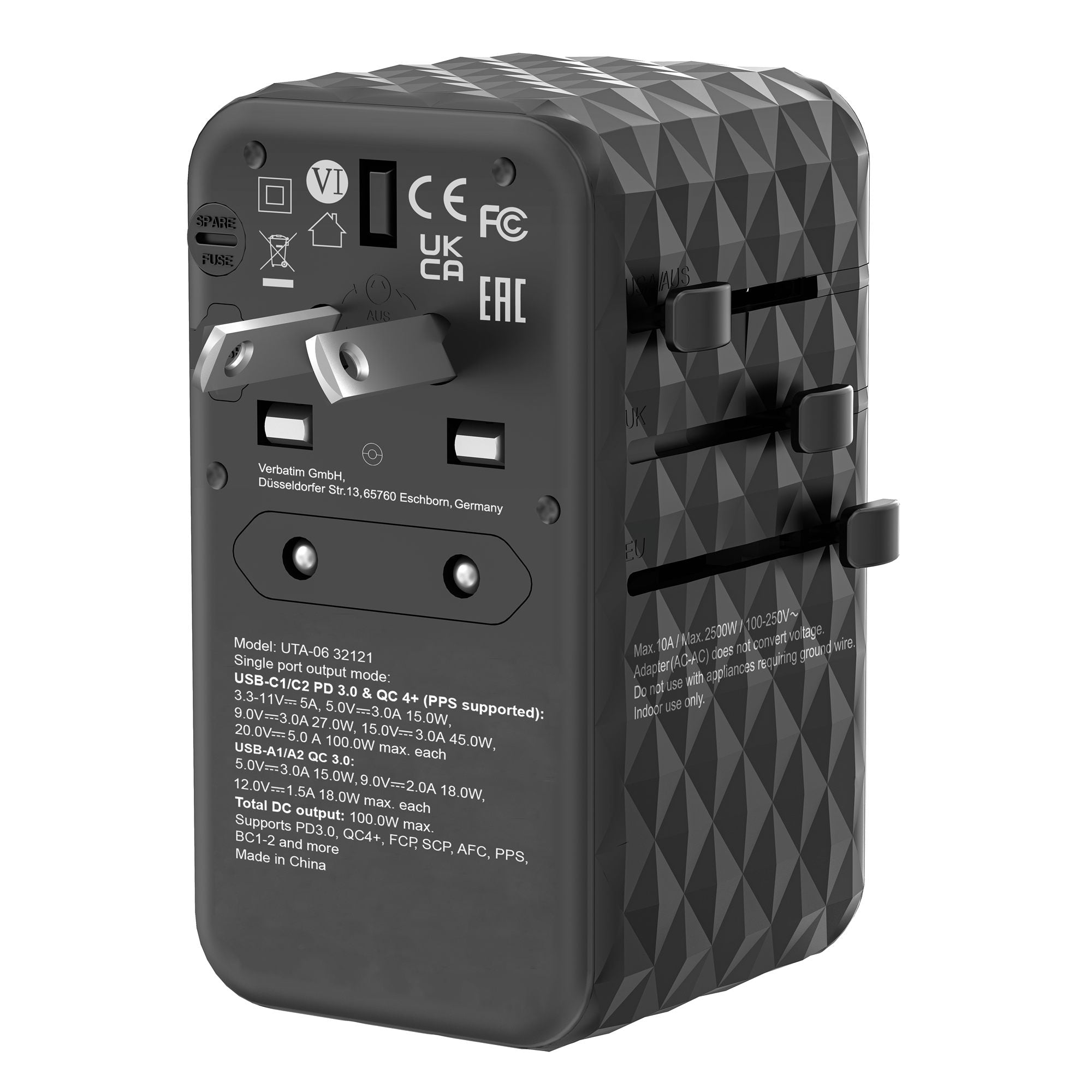 VERBATIM GAN III UNIVERSAL TRAVEL ADAPTER UTA-06 WITH 2 X USB-C PD 100W & QC 4+ / 2 X USB-A QC 3.00 WCF (P)
