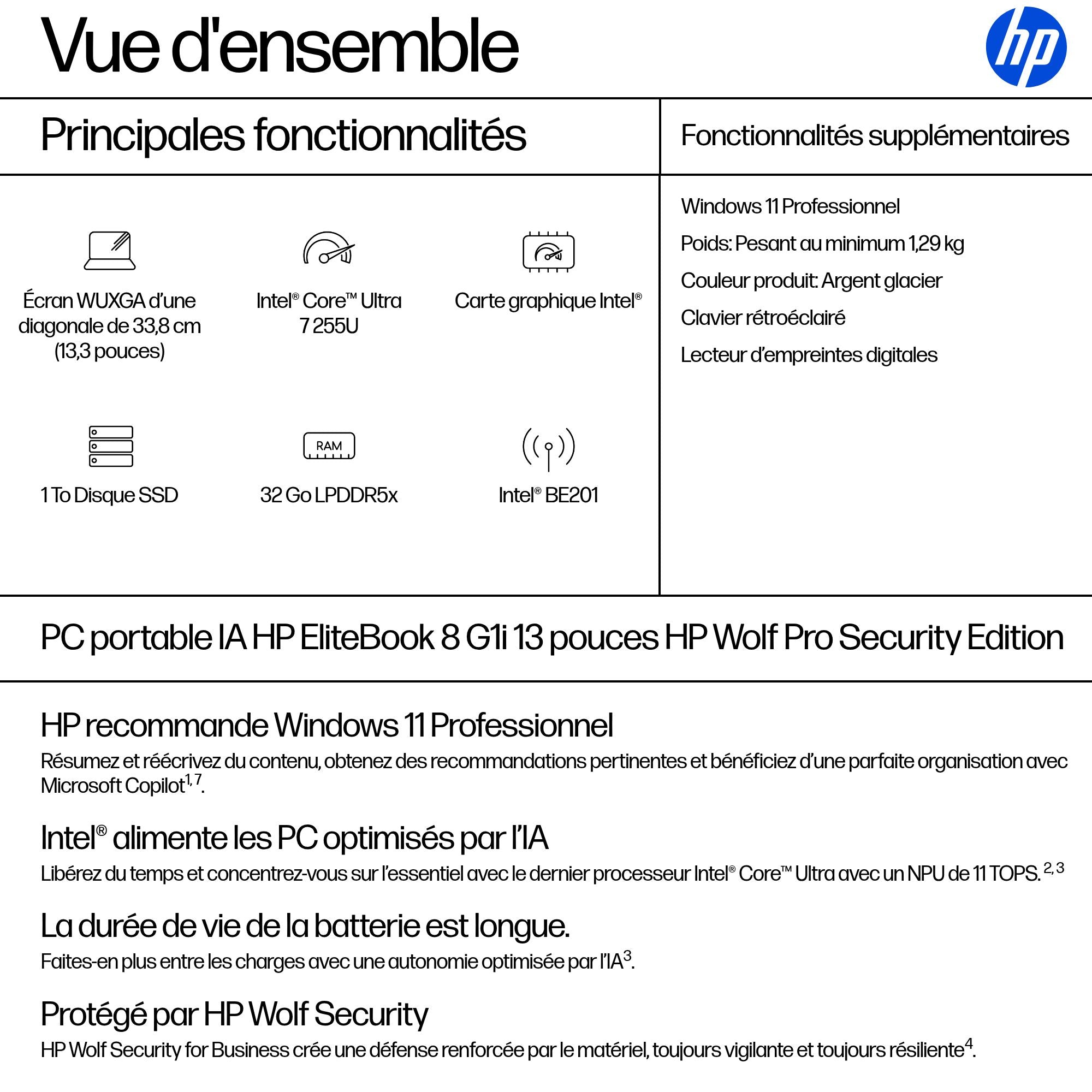 HP EliteBook 8 G1i IA Nouvelle génération Intel Core Ultra 7 255U 13.3p WUXGA 32Go 1To SSD UMA W11P Copilot + PC 3/3/0