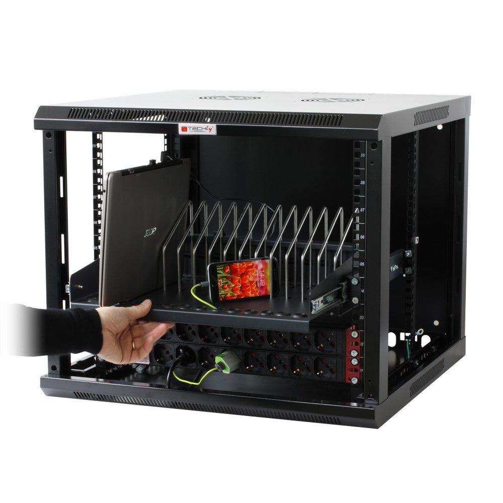 Techly I-CABINET-TRAY14BK Étagere Rack Rétractable pour Appareils Mobiles 14 Emplacements