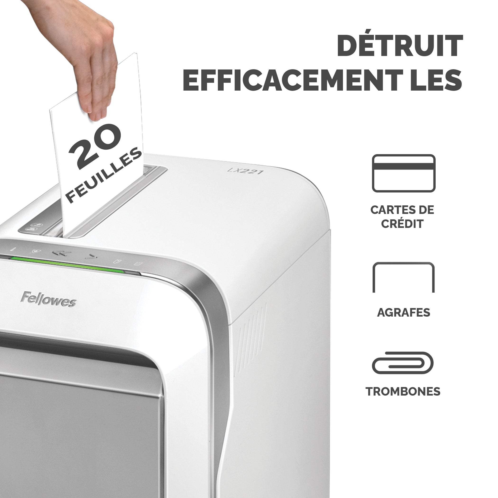 FELLOWES DESTRUCTEUR MICROSHRED LX221 BLANC COUPE MICROPARTICULES 230V EU/UK