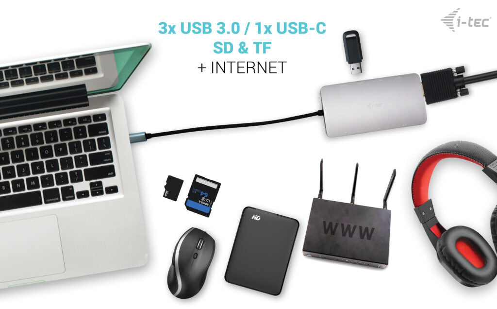 I-TEC USB-C Metal Nano Dock 1xHDMI 1xVGA 1xSD,1xmicroSD Cardreader 1xGLAN 3xUSB 3.1 1xUSB-C Data 1xUSB-C PD Sans Alimentation