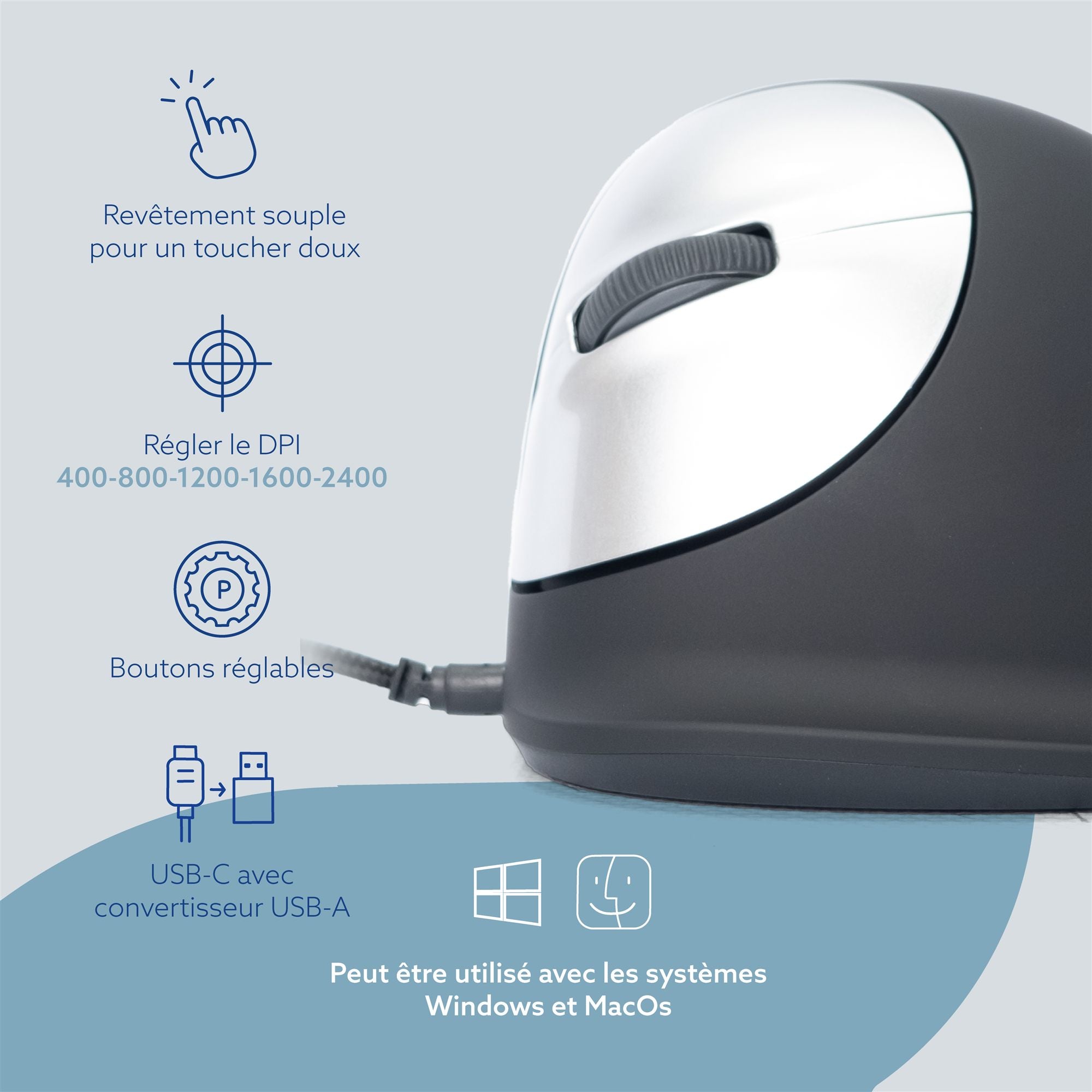 R-GO TOOL Souris HE Break, gaucher, filaire, M noire