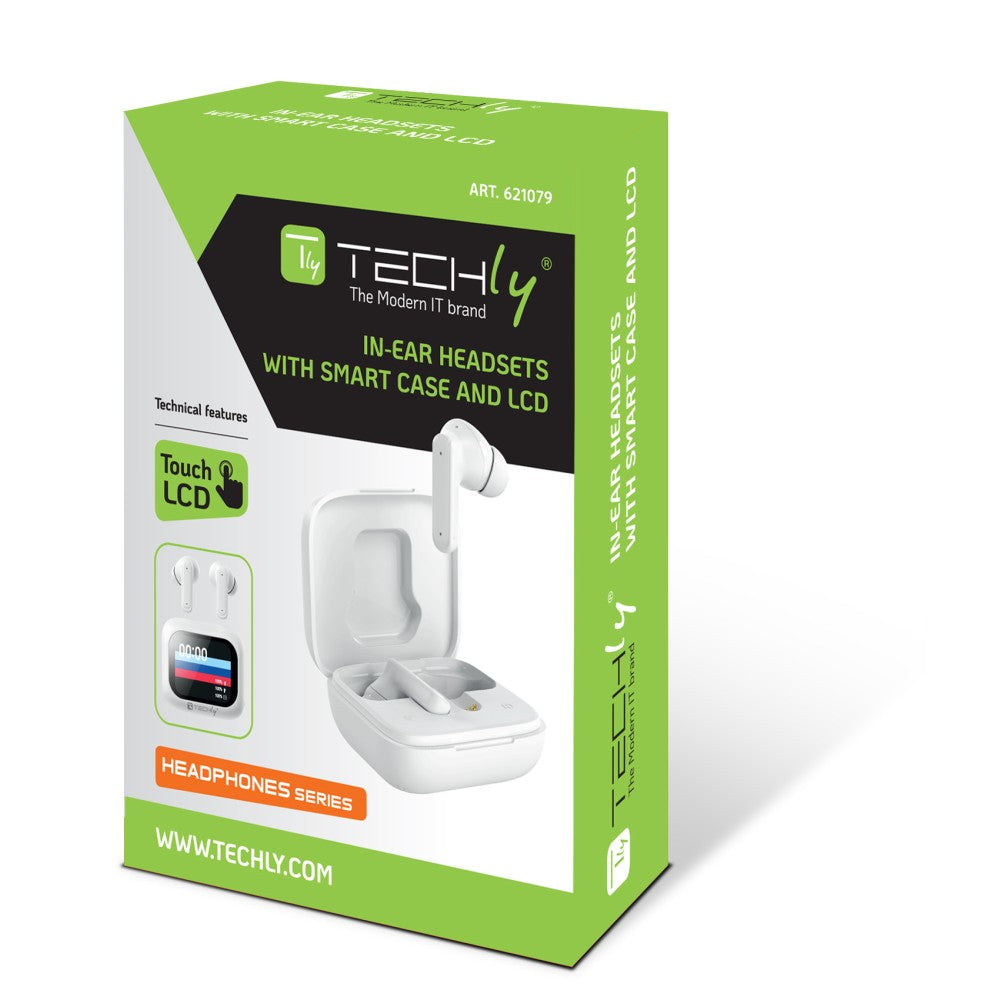 Techly ICC SB-BLT08W Écouteurs sans fil intra-auriculaires Bluetooth, étui avec écran LCD, réduction de bruit ANC, égaliseur