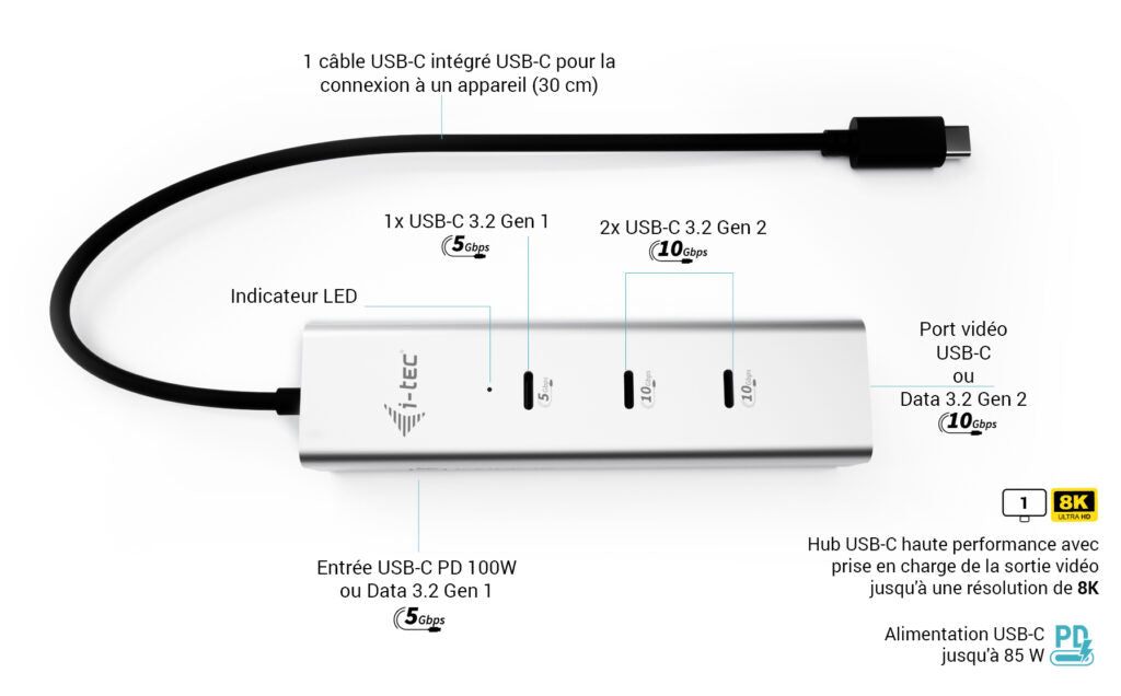 I-TEC USB-C Charging Metal HUB 5port with USB-C video 8K 1xUSB-C video/Data 1xUSB-C PD/Data 1xUSB-C 3.2 Gen1 2xUSB-C 3.2 Gen2 PD85W