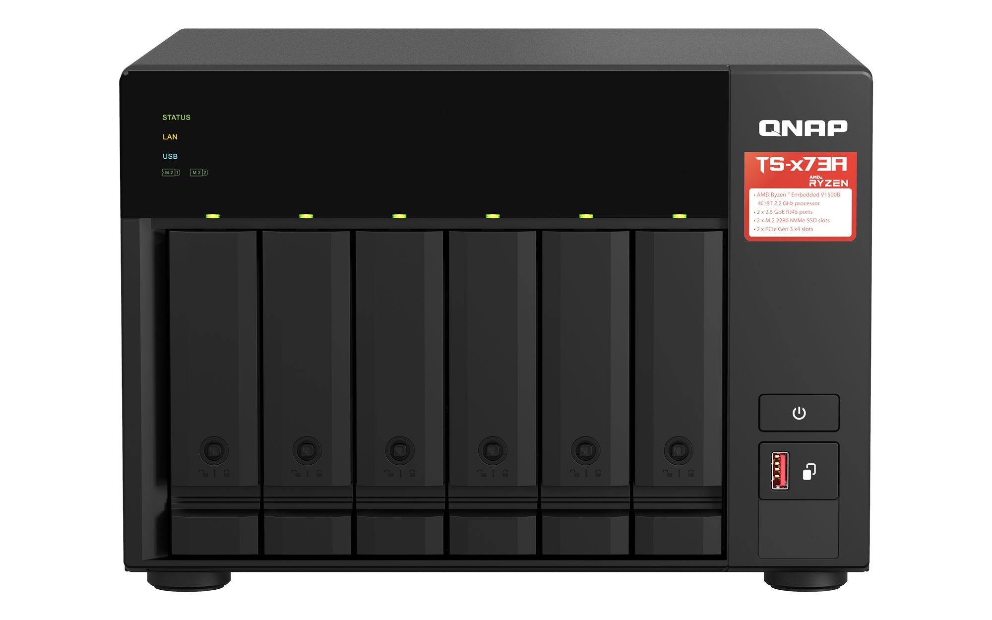 QNAP 6-bay NAS AMD Ryzen Embedded V1500B 2.2GHz 8Go 6xSATA 6Gb/s bays 2xM.2 NVMe PCIe Gen3 SSD slots 2x2.5GbE LAN optional 10GbE