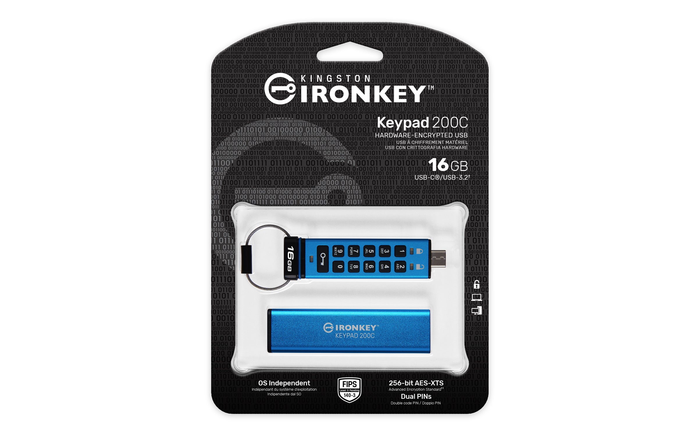 KINGSTON 16Go USB-C IronKey Keypad 200C FIPS 140-3 Lvl 3 Pending AES-256
