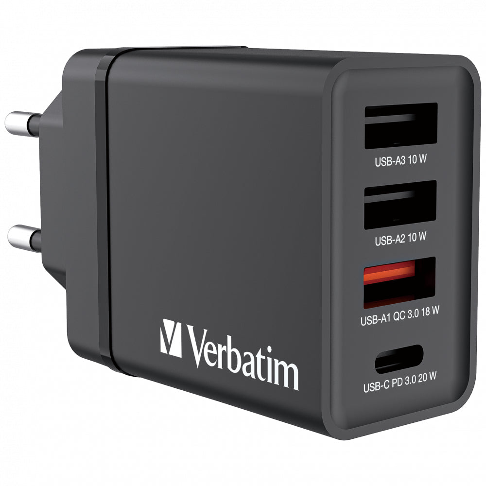 VERBATIM CHR-30EU1 USB CHARGER 30W WITH 1 X USB-C PD 20W / 1 X USB-A QC 3.0 / 2 X USB-A 10W BLACK EU WCF (P)