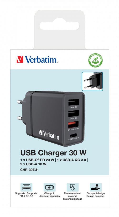 VERBATIM CHR-30EU1 USB CHARGER 30W WITH 1 X USB-C PD 20W / 1 X USB-A QC 3.0 / 2 X USB-A 10W BLACK EU WCF (P)