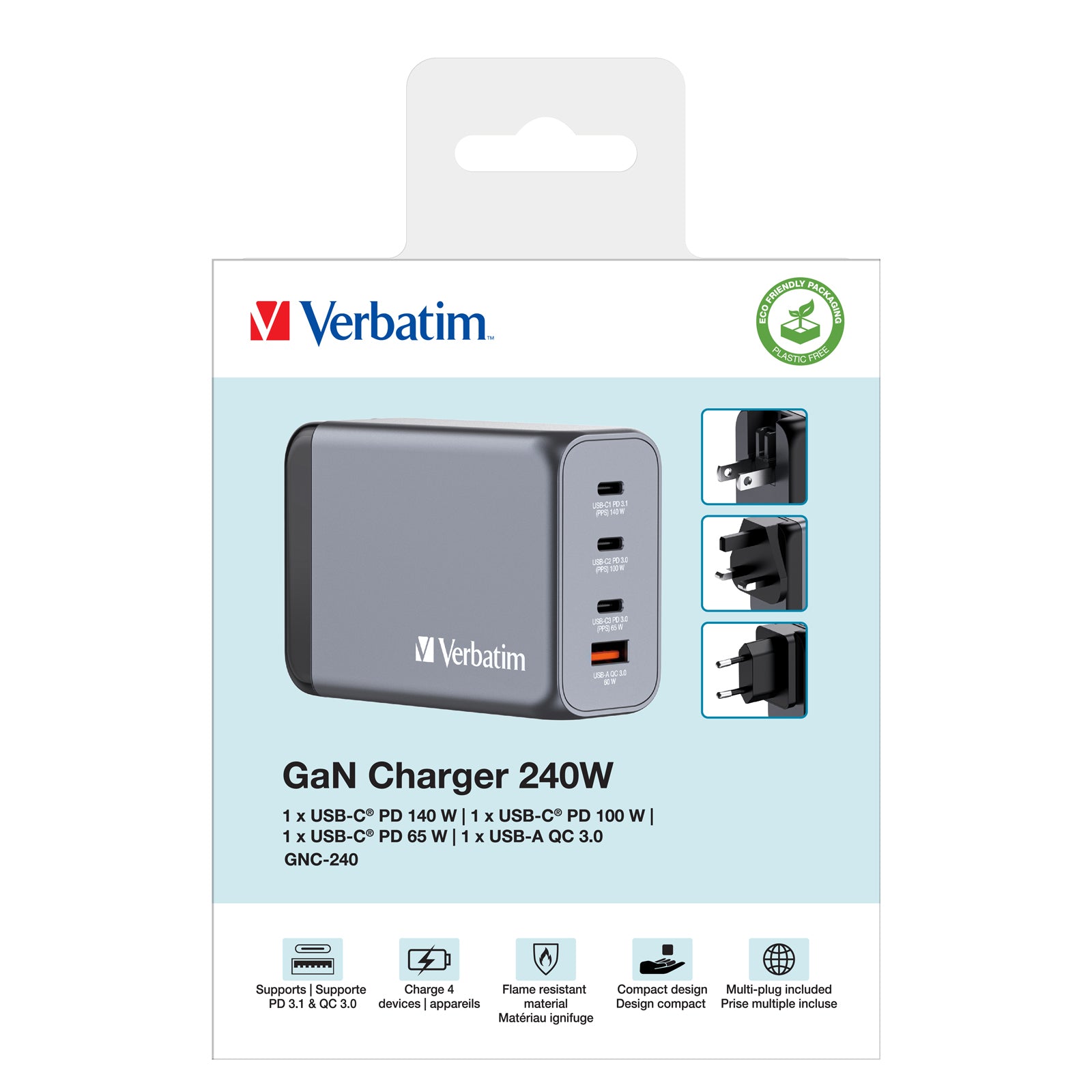 VERBATIM GNC-240 GAN CHARGER 4 PORT 240W USB A/C EU/UK/US WCF (P)