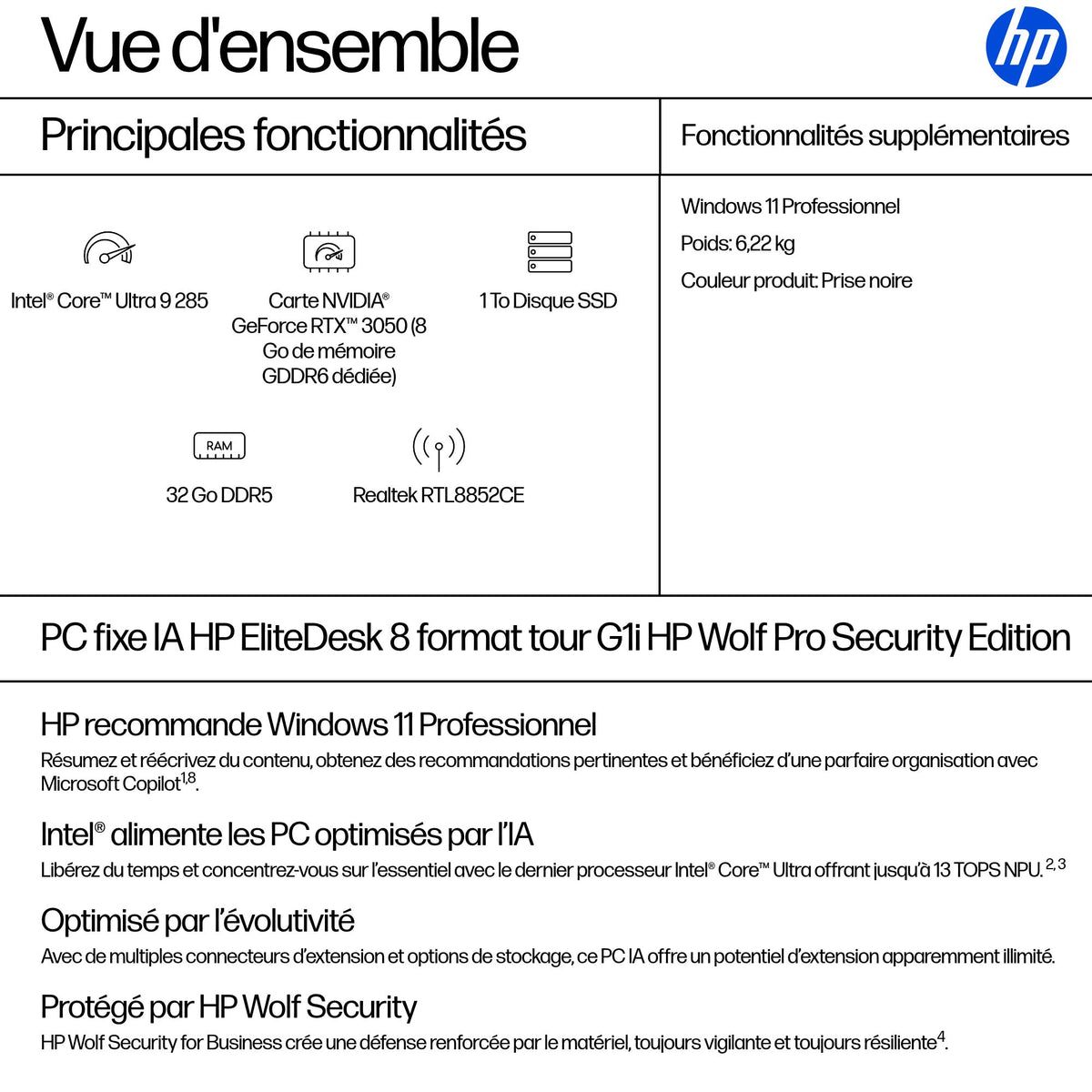 HP EliteDesk 8 TWR G1i Intel Core Ultra 9 285 32Go DDR5 1To SSD GeForce RTX 3050 W11P HIE 3/3/3