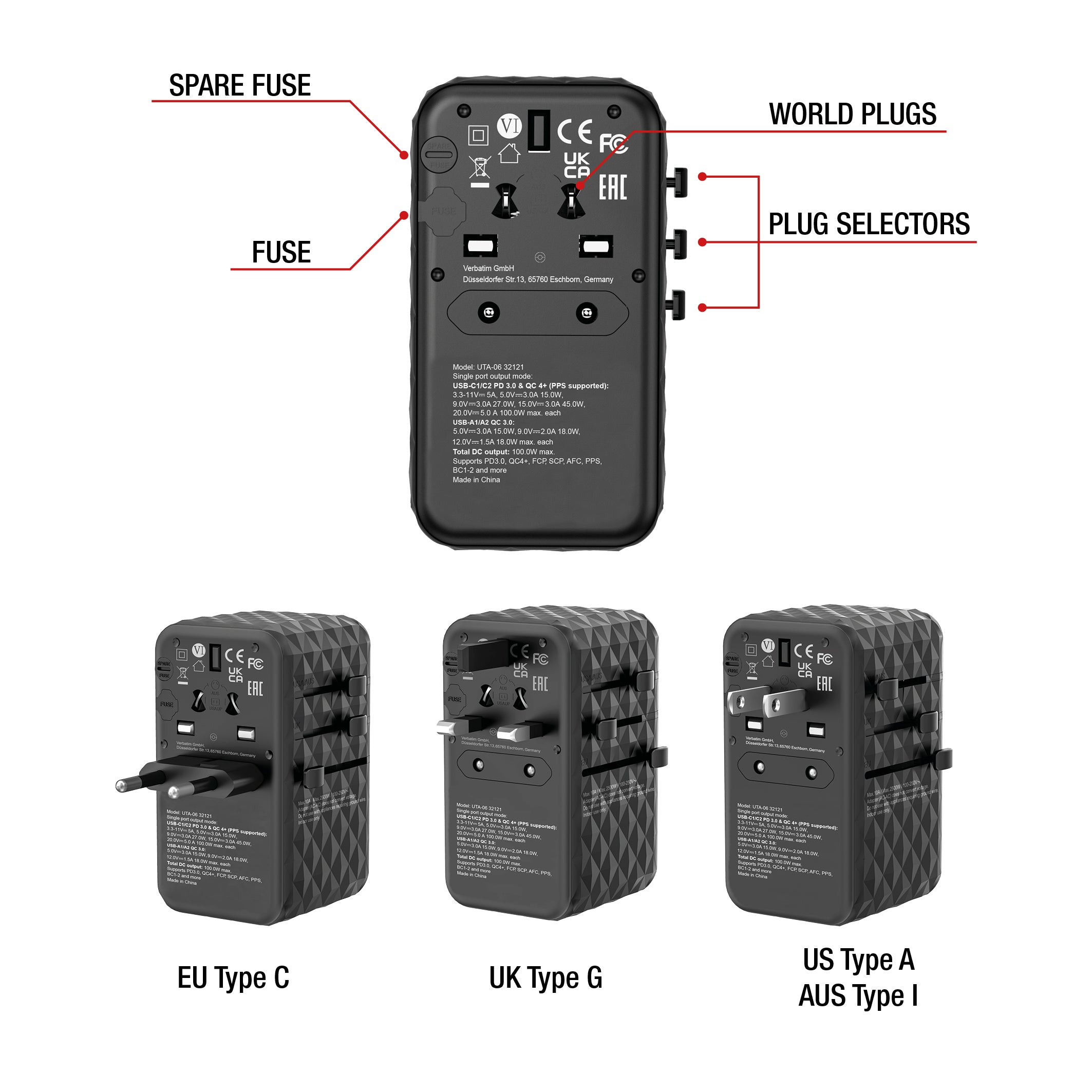 VERBATIM GAN III UNIVERSAL TRAVEL ADAPTER UTA-06 WITH 2 X USB-C PD 100W & QC 4+ / 2 X USB-A QC 3.00 WCF (P)