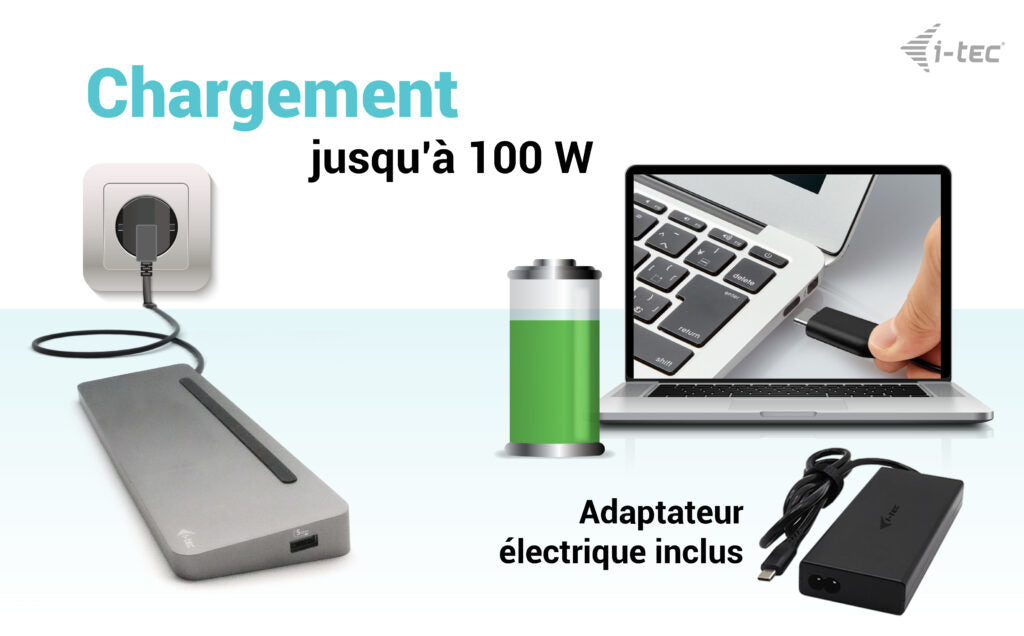 I-TEC USB-C Metal Ergonomic 4K 3x Display Docking Station with PD 100 W + i-tec Universal Charger 100W bundle