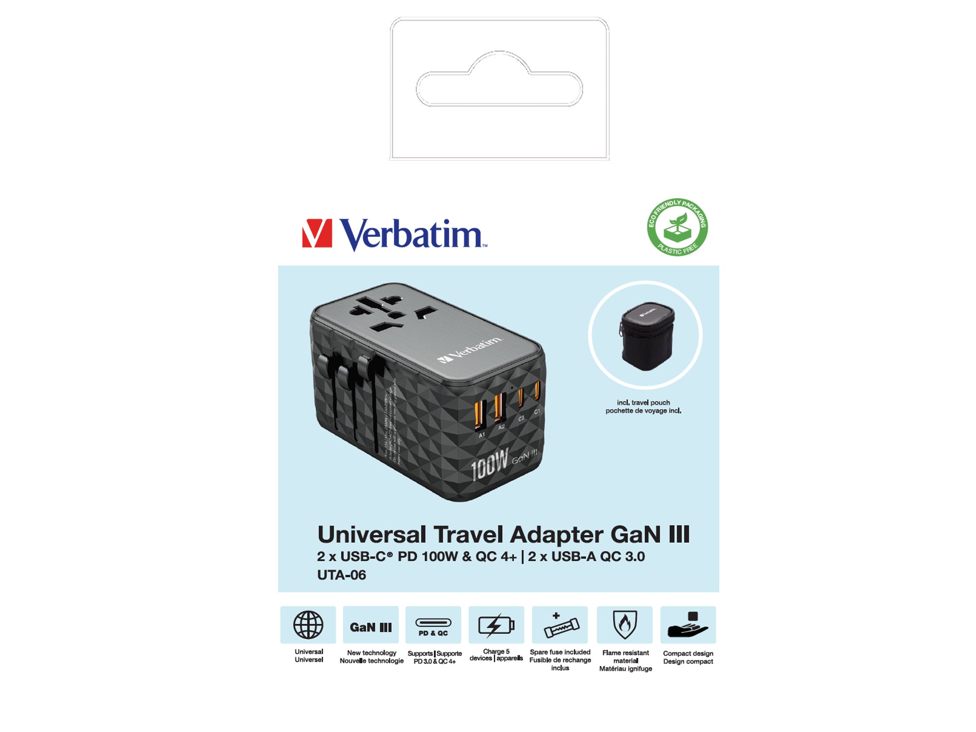 VERBATIM GAN III UNIVERSAL TRAVEL ADAPTER UTA-06 WITH 2 X USB-C PD 100W & QC 4+ / 2 X USB-A QC 3.00 WCF (P)