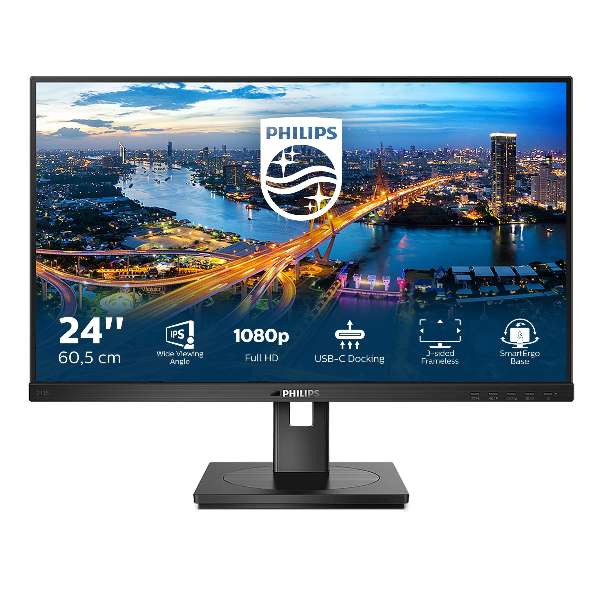 PHILIPS 243B1/00 FHD, 23.8p, IPS, 75Hz, 4ms, Adaptive Sync, Docking USB-C, USB-C Port, DP, HDMI, Height adj. Speakers DP /HDMI Cable