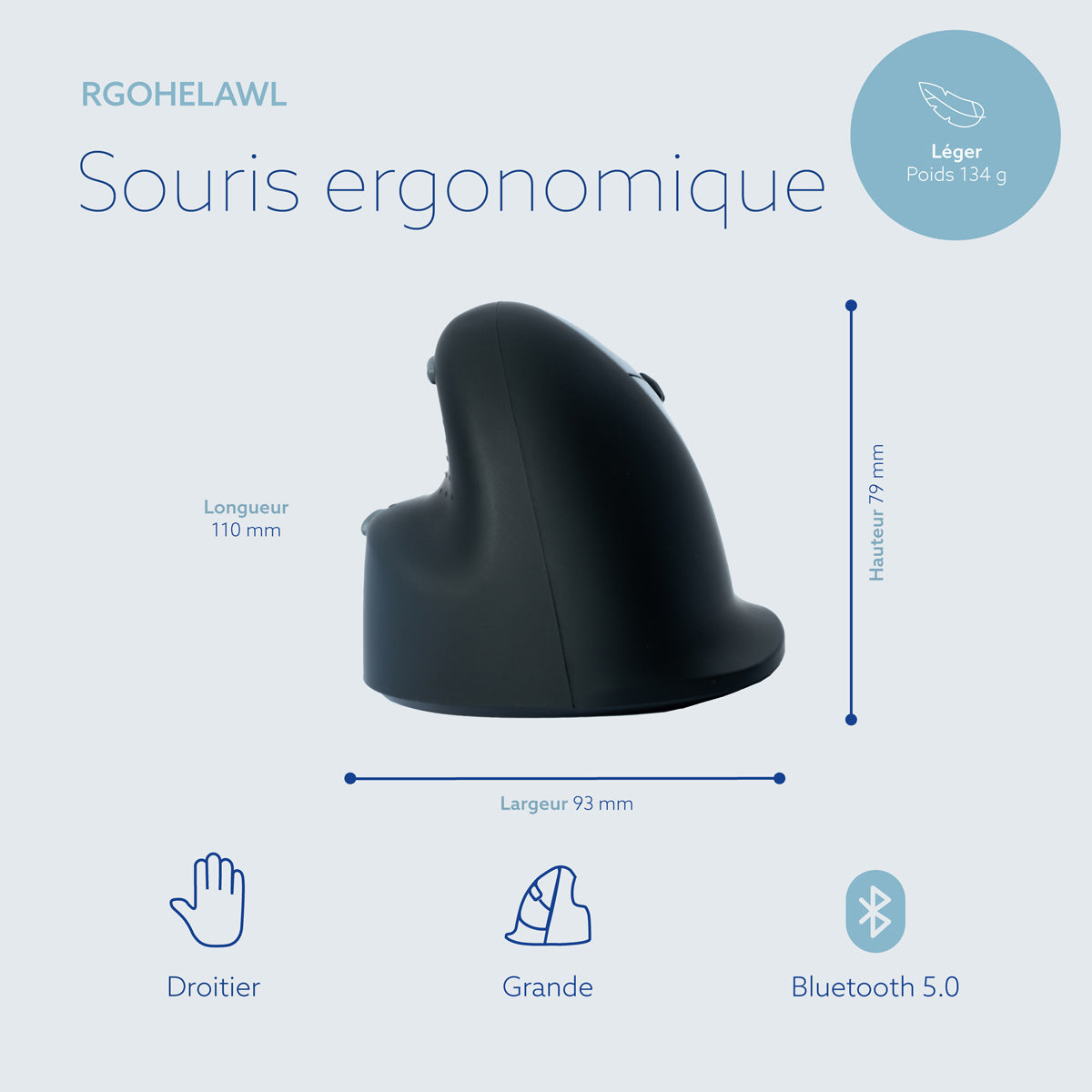 R-GO TOOLS Souris HE Break, droiter, Bluetooth, L noire