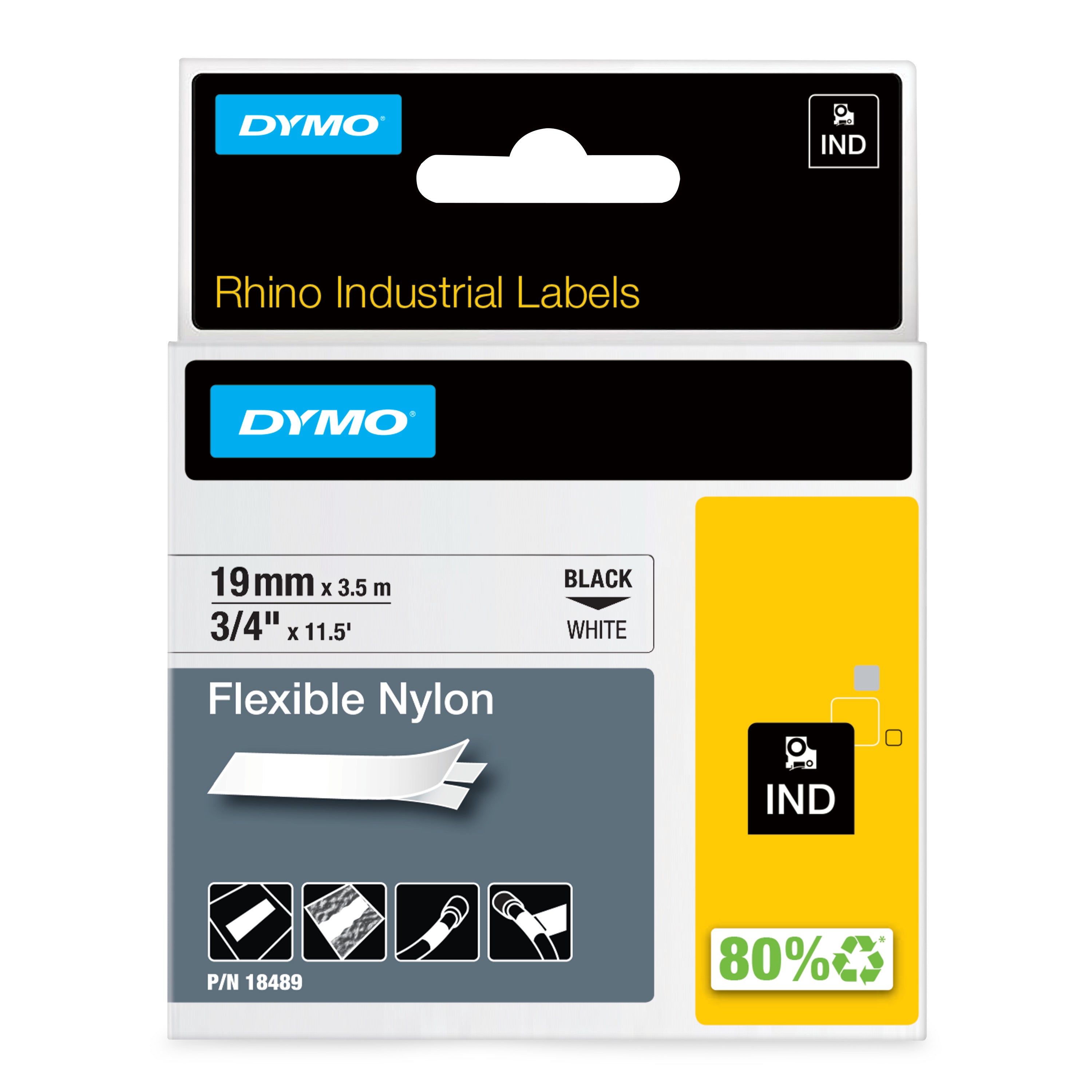 DYMO Rhino étiquette industrielle Nylon flexible 19 mm x 3,5 mm noir/blanc
