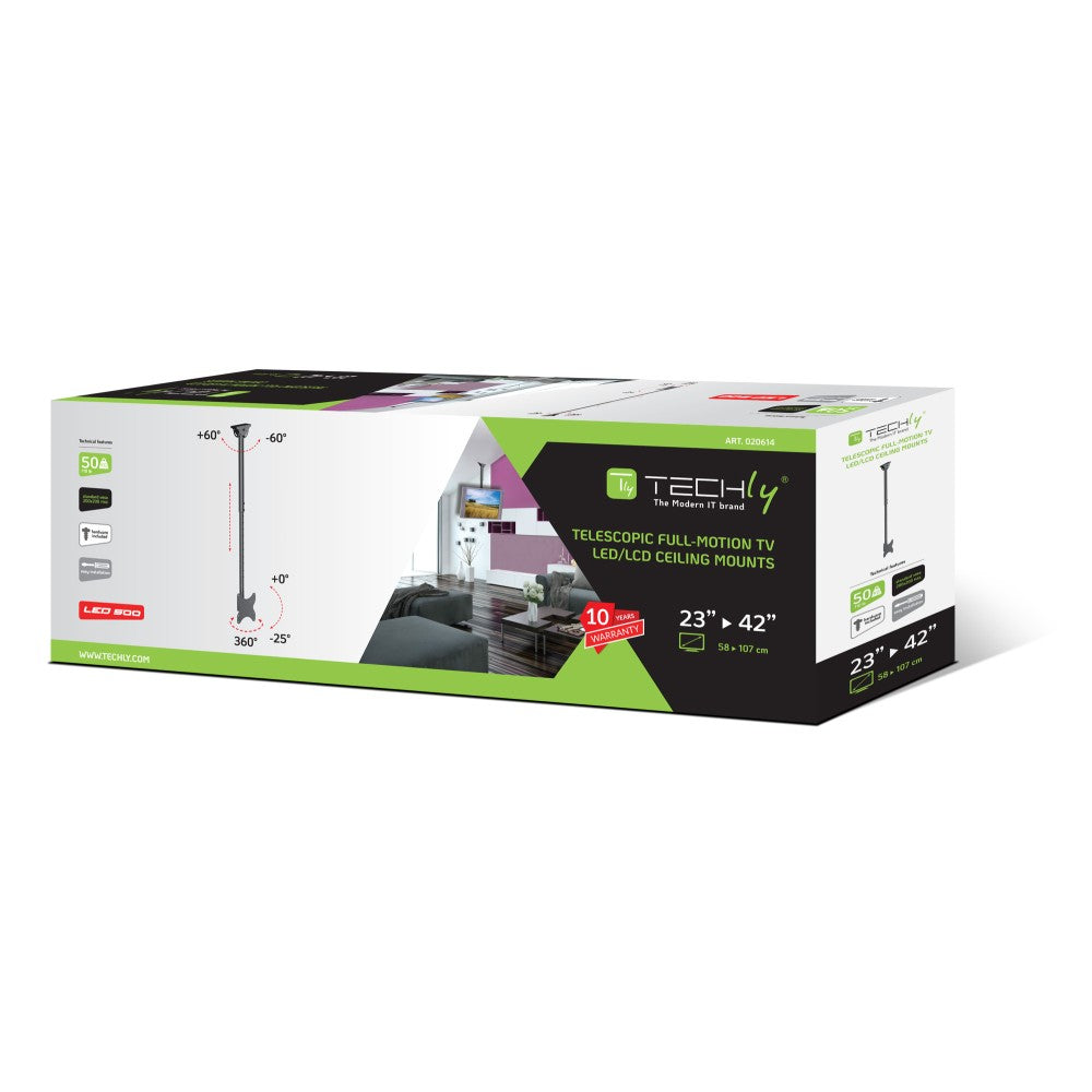 "Techly ICA-CPLB 922L Support de plafond pour TV 23-42"" LED/LCD 50kg réglable"