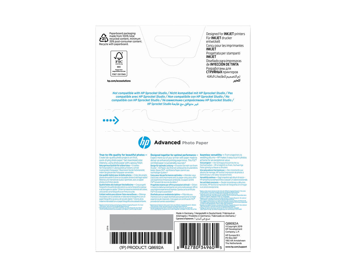 HP original Q8692A Advanced glossy photo paper Ink cartridge 250g/m2 100x150mm 100 sheets 1-pack borderless
