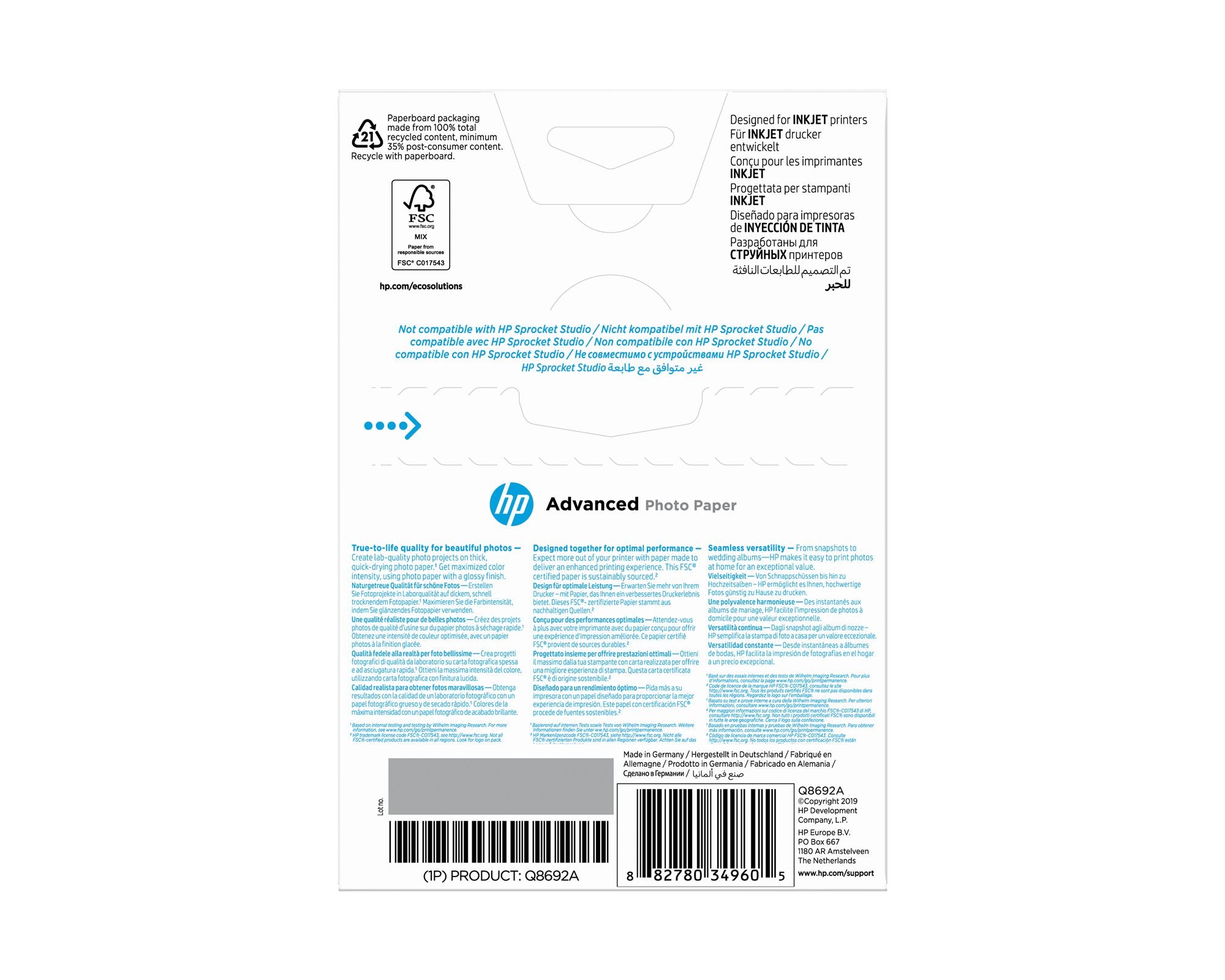 HP original Q8692A Advanced glossy photo paper Ink cartridge 250g/m2 100x150mm 100 sheets 1-pack borderless
