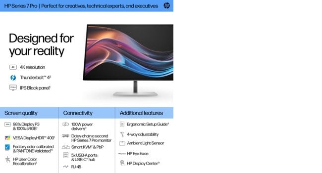 HP Écran 4K Série 7 Pro 727pk 27p 4K UHD 3840x2160 HDMI DisplayPort Thunderbolt