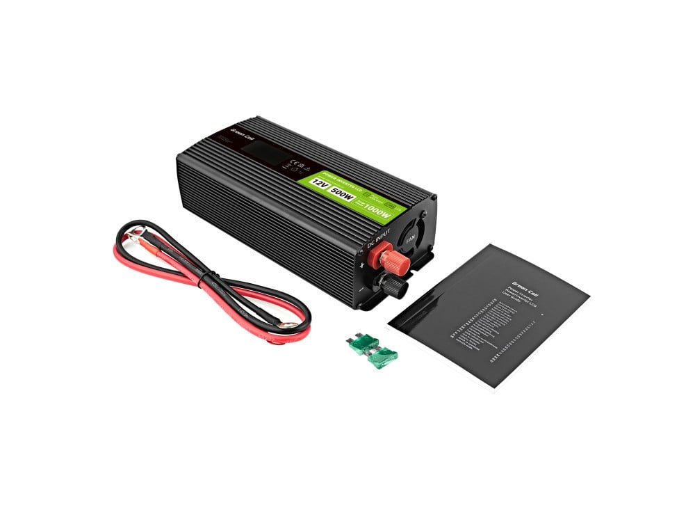 Green Cell Przetwornica napicia PowerInverter LCD 12 V 500W/1000W Przetwornica samochodowa z wywietlaczem - czysty sinus adaptateur de puissance & onduleur Auto