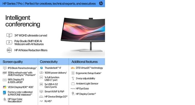 "HP Series 7 Pro 34 inch WQHD Conferencing Monitor - 734pm écran plat de PC 86,4 cm (34"") 3440 x 1440 pixels Wide Quad HD LCD Noir, Argent"
